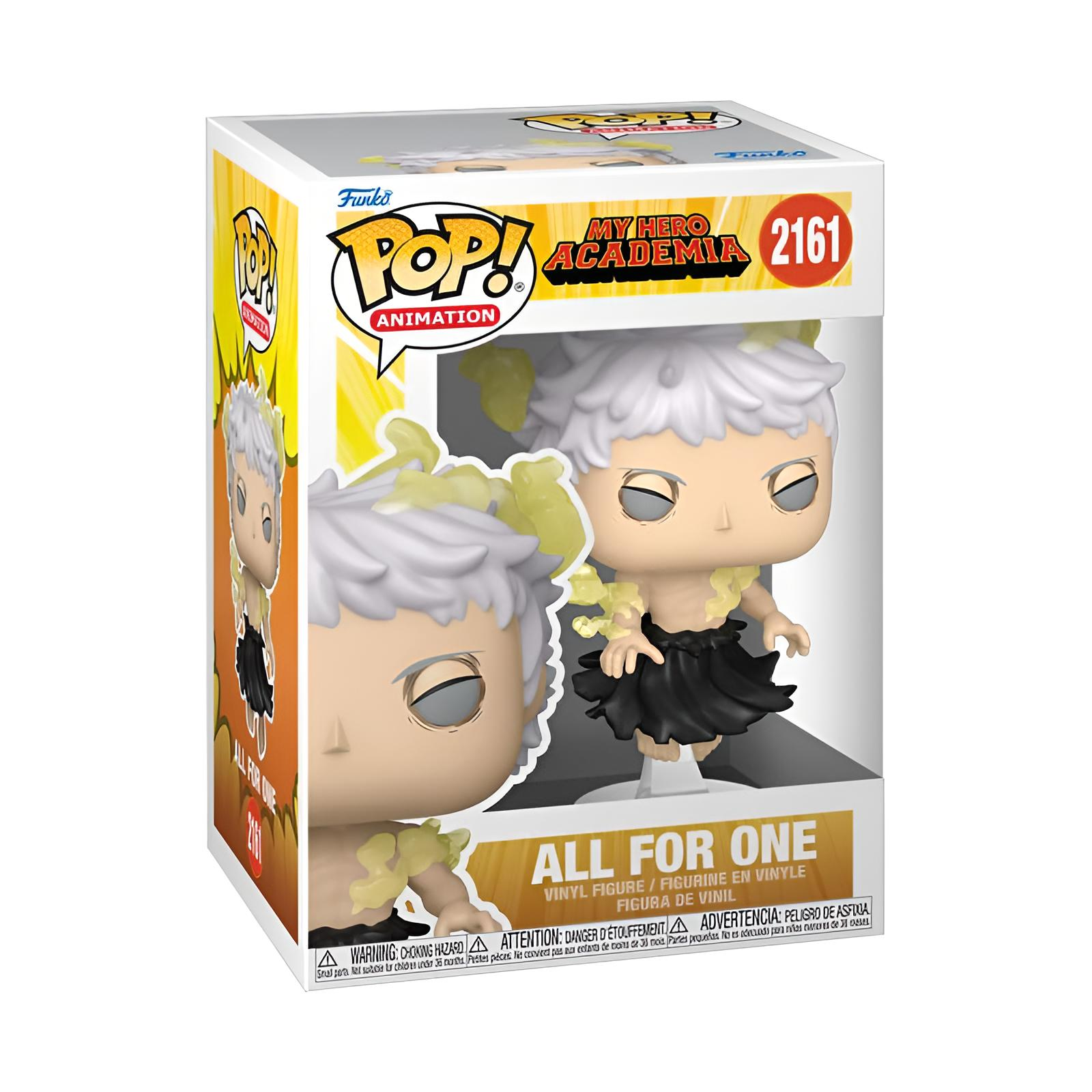 Figura Funko Pop de All For One con cabello blanco y falda negra dentro de una caja de My Hero Academia.