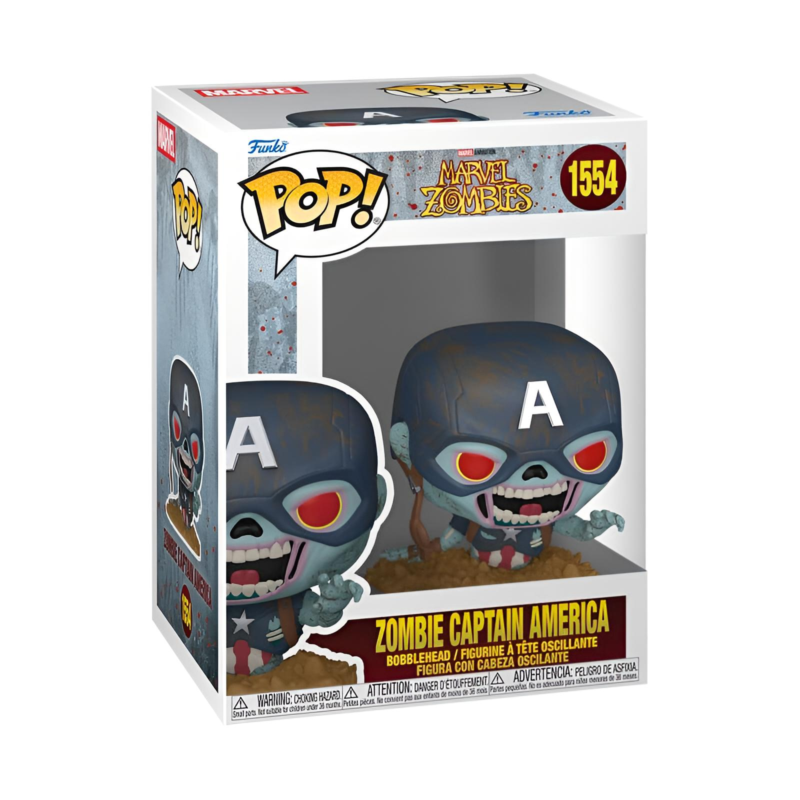 Figura Funko Pop de Zombie Captain America de Marvel Zombies en caja con ojos rojos y encías expuestas.