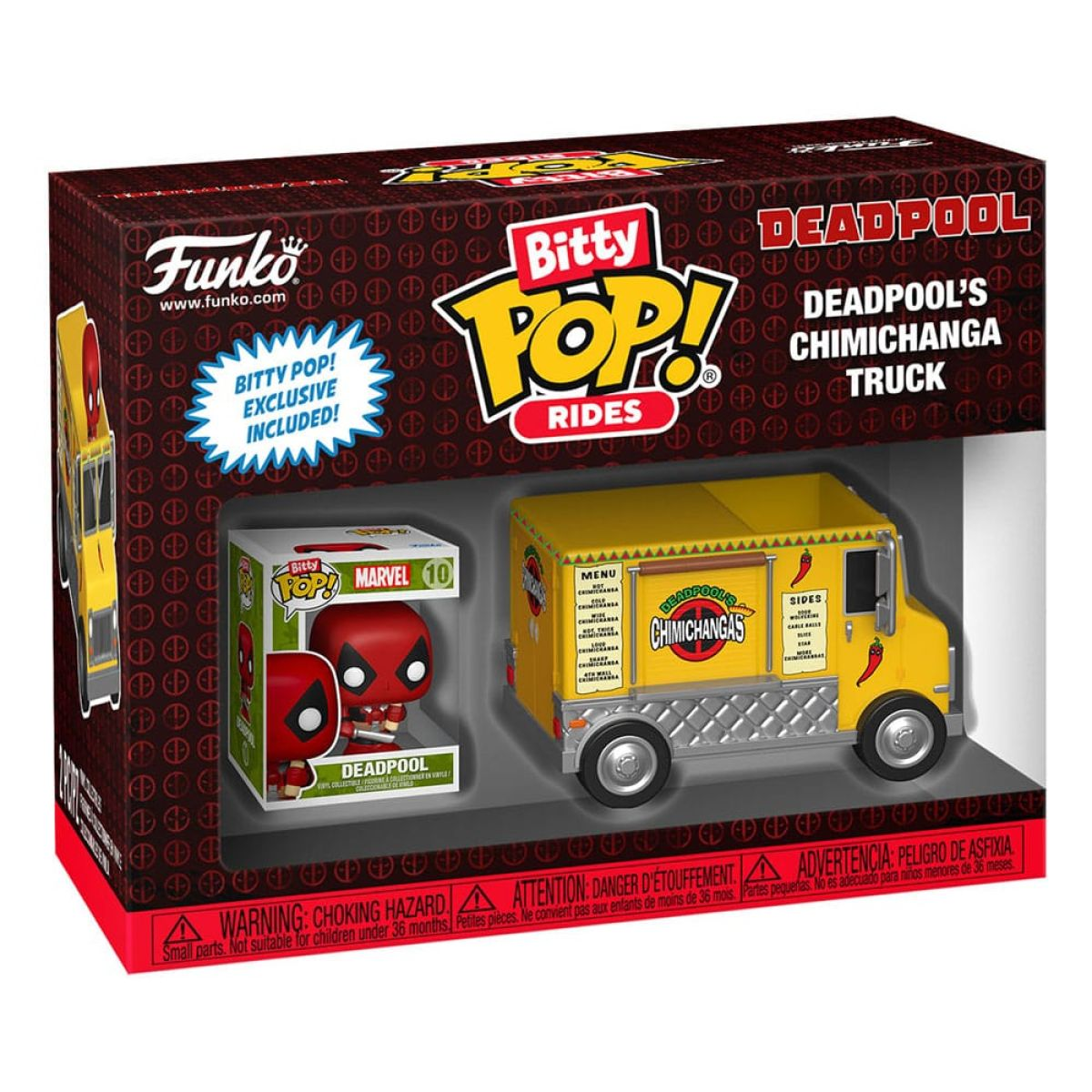 Set de Funko Bitty Pop! Rides con el camión de chimichangas de Deadpool y una mini figura en su caja.