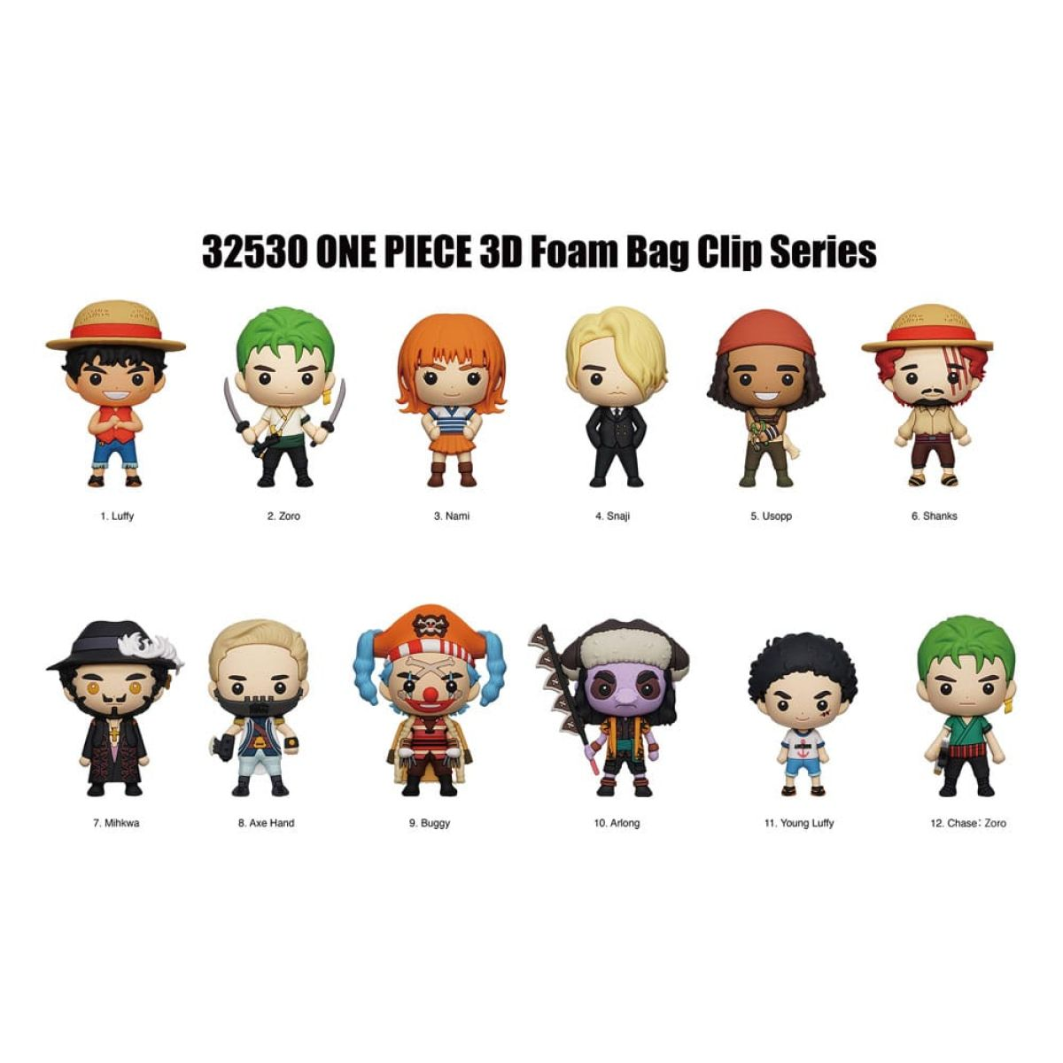 Präsentation von 12 One Piece 3D Schaumstoff-Taschen-Clip-Figuren mit Charakteren wie Luffy, Zoro und Nami.