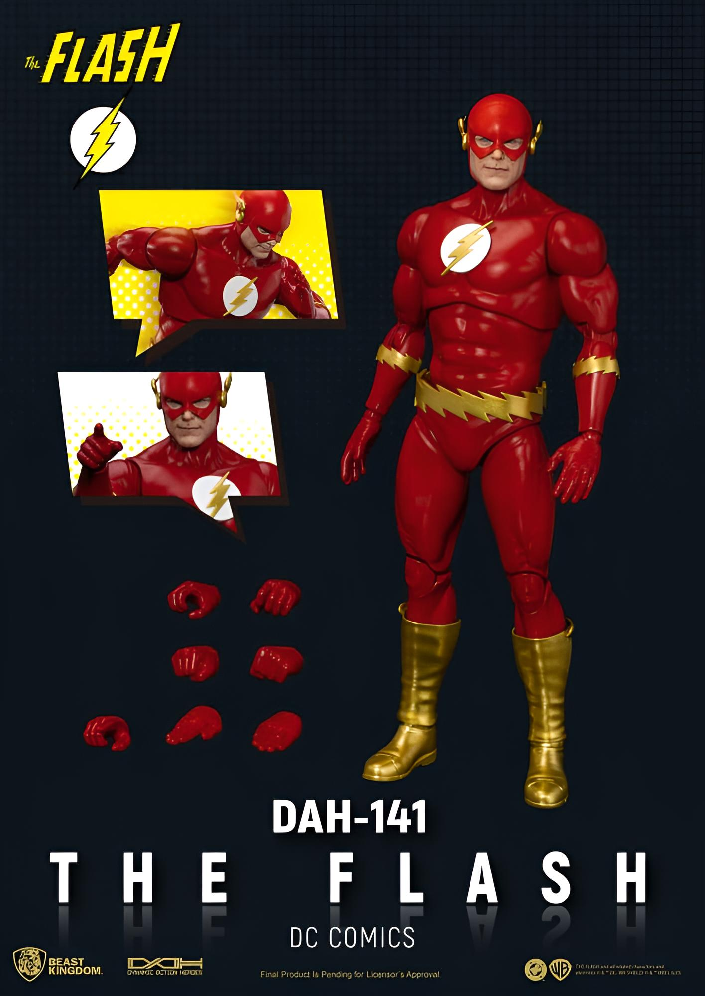 The Flash Actionfigur in rotem und goldnem Kostüm mit austauschbaren Händen und Posen.