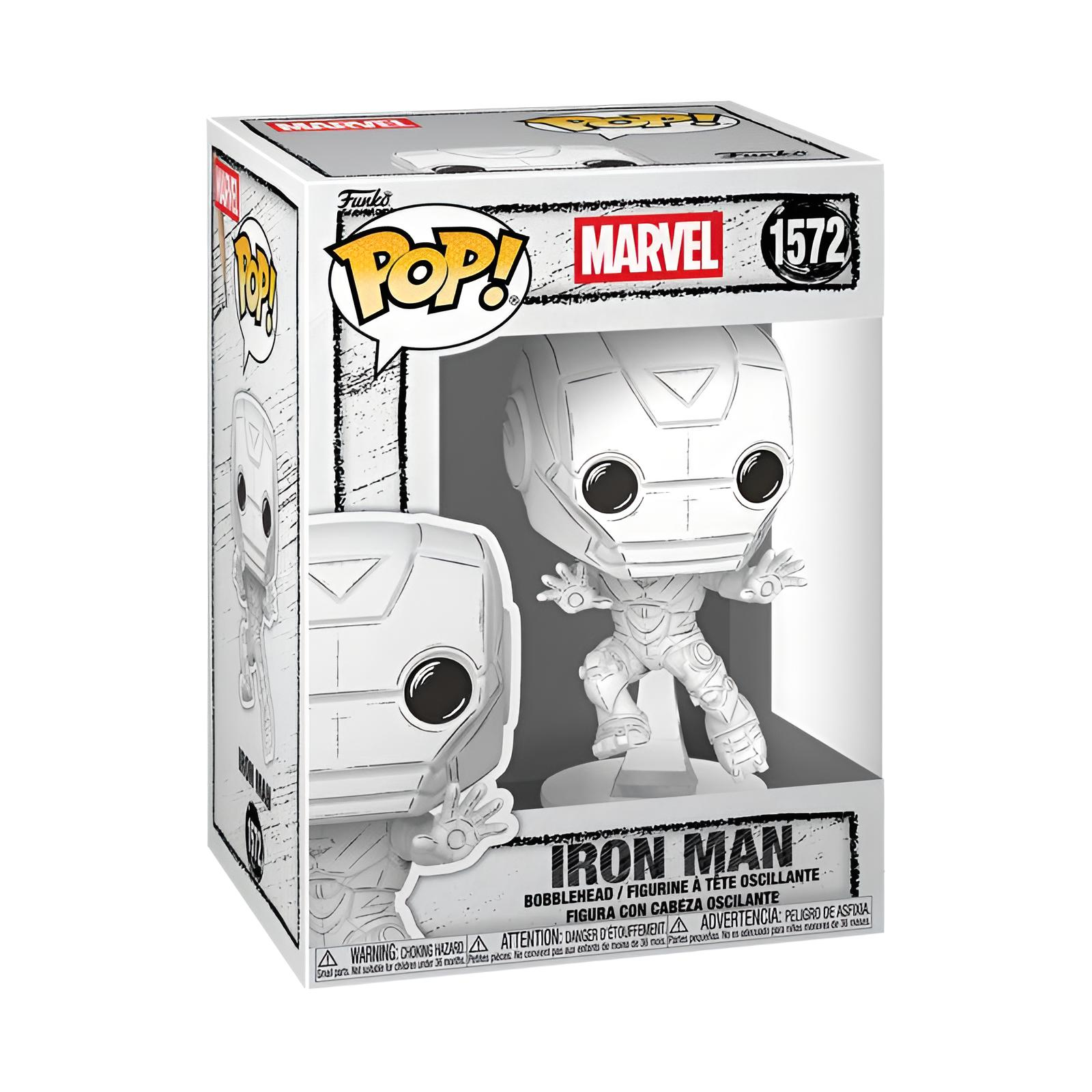 Eine Funko Pop Figur von Iron Man in einer schwarz-weißen Sammlerbox mit Marvel Logo.