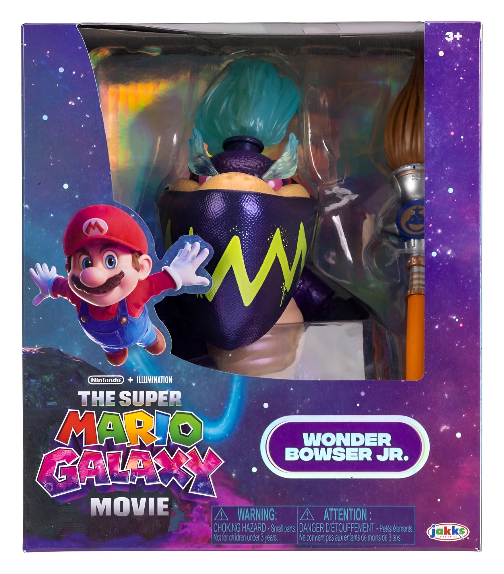 Caja de juguete Super Mario Galaxy Movie con la figura de Bowser Jr. con pincel y arte de Mario.