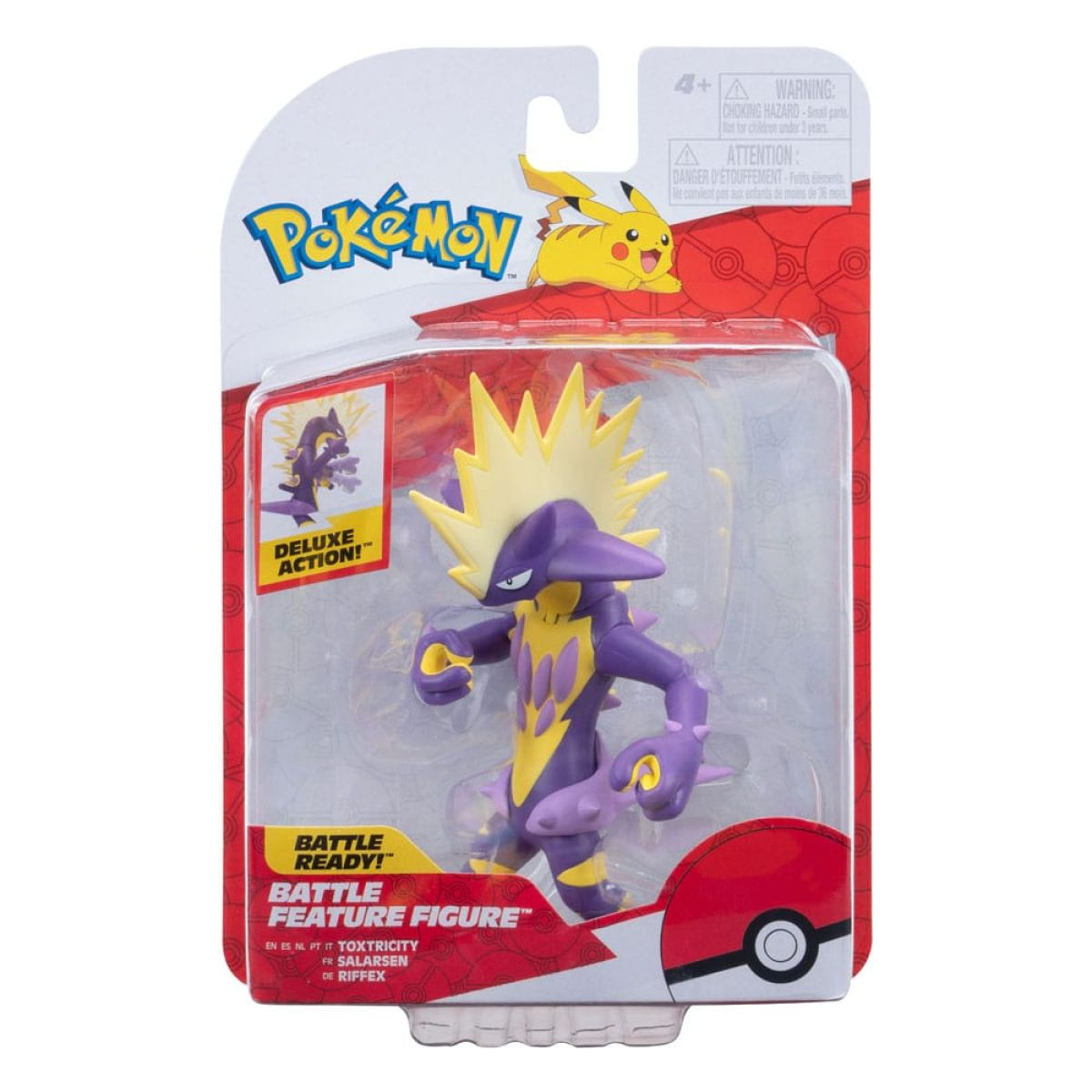Verpackte Pokemon Toxtricity Actionfigur in Lila und Gelb mit Pikachu-Logo oben.