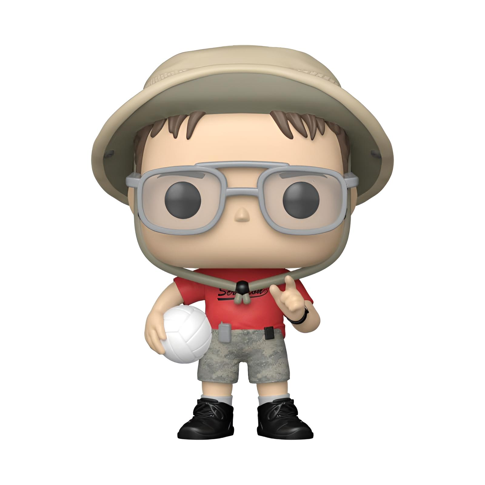 Figura Funko Pop con sombrero, gafas, camisa roja, pantalón corto gris, zapatos negros y un balón.