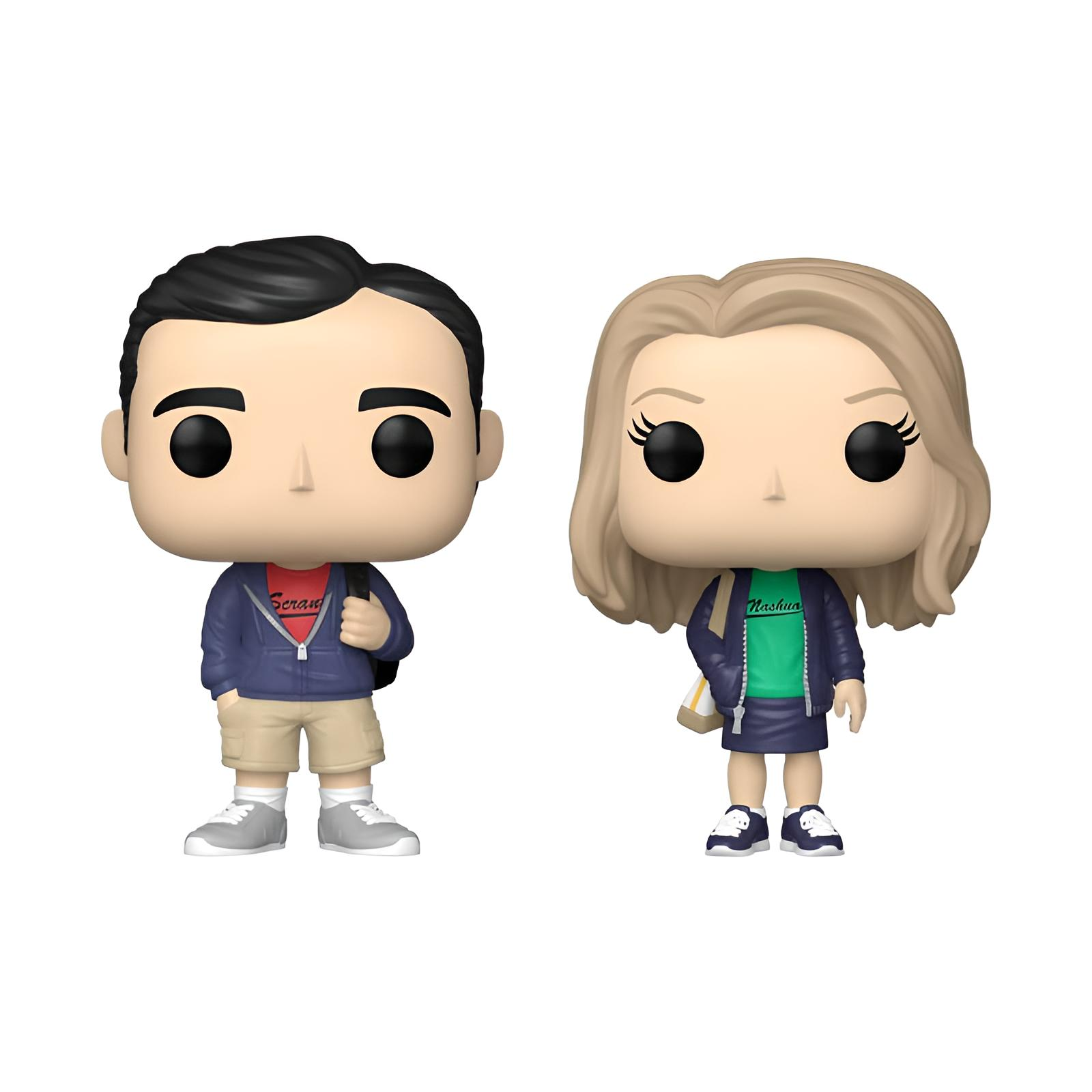Dos figuras Funko Pop!: un hombre con sudadera azul, camisa roja y pantalones caquis, y una mujer con chaqueta azul y camisa verde.