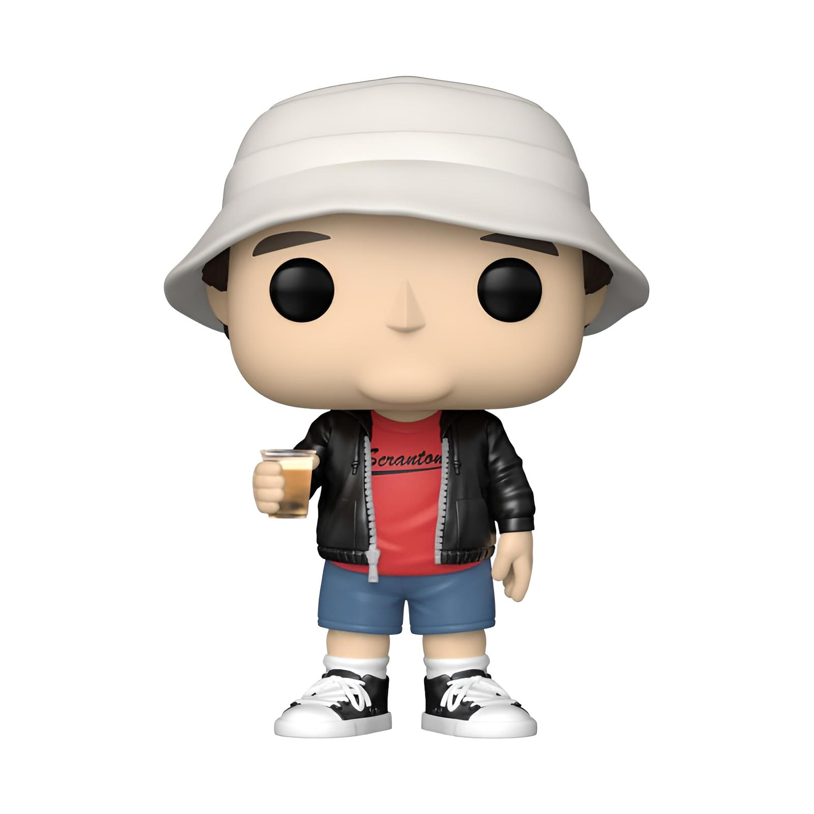 Funko-Pop-Figur mit weißem Hut, schwarzer Jacke, rotem Shirt, blauen Shorts, die ein Getränk hält.