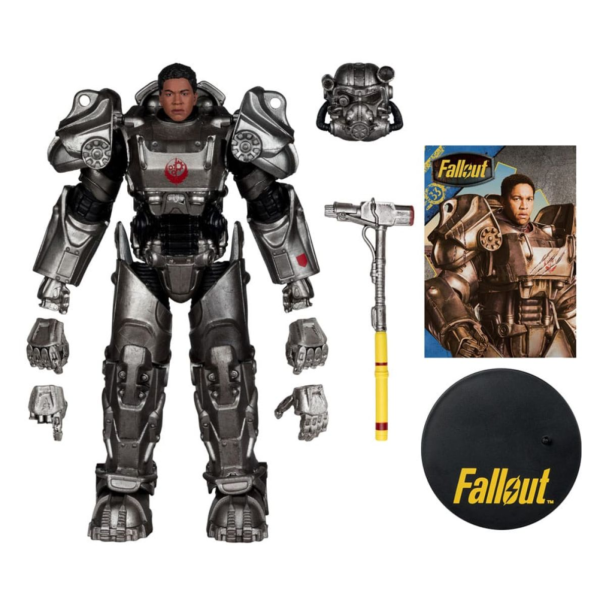 Fallout Actionfigur in grauer Servorüstung mit Helm, Händen, Hammer, Sammelkarte und Ständer.