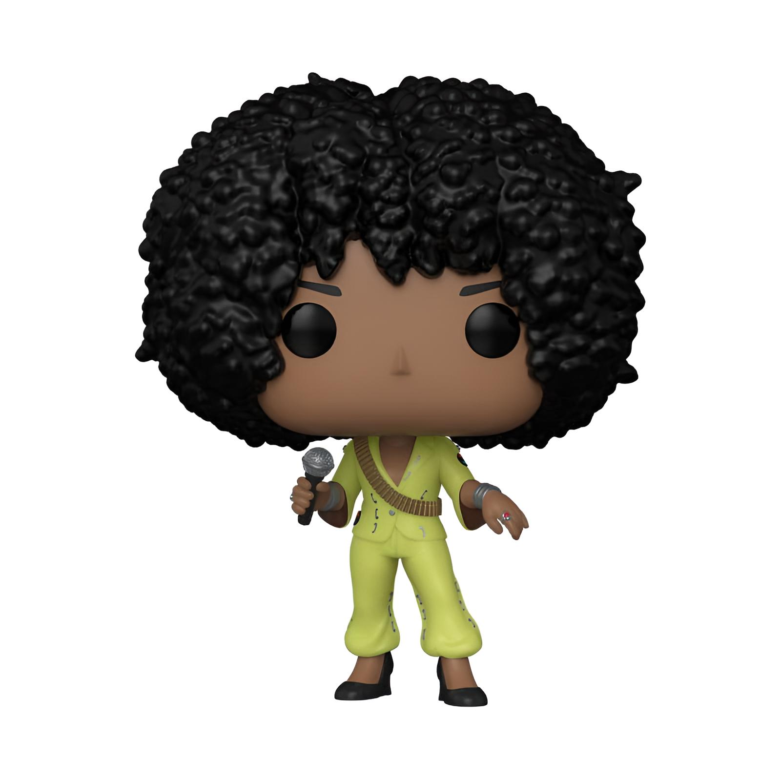 Una figura coleccionable de vinilo con gran cabello afro negro, traje amarillo, cinturón de balas y micrófono.