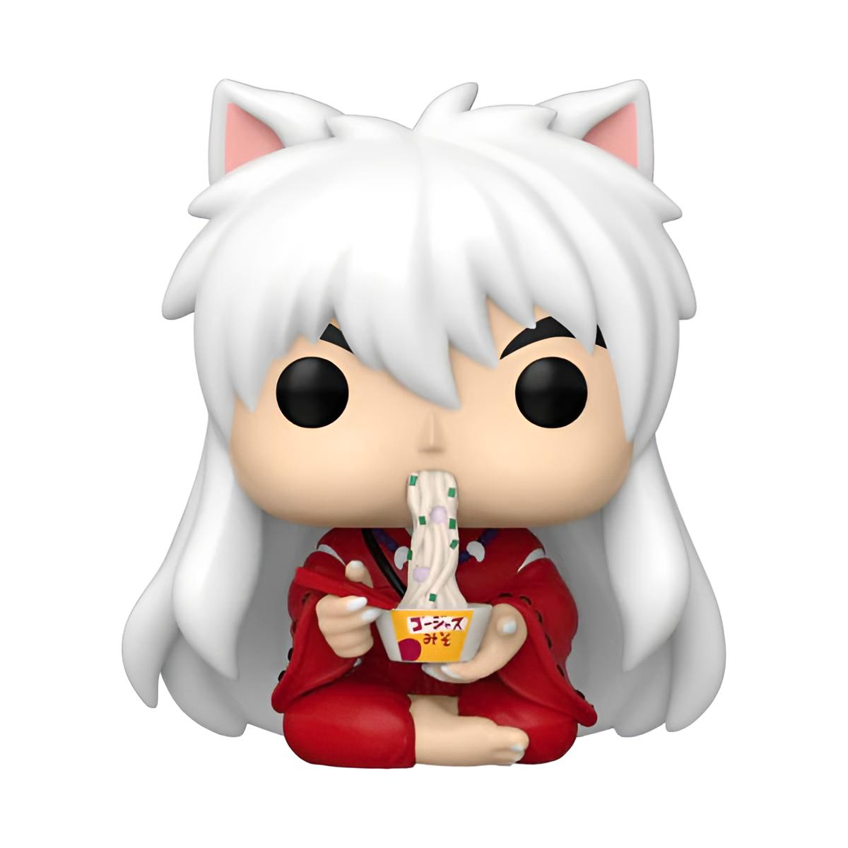 Una figura de anime de pelo blanco con ropa roja se sienta y come fideos de un tazón pequeño.