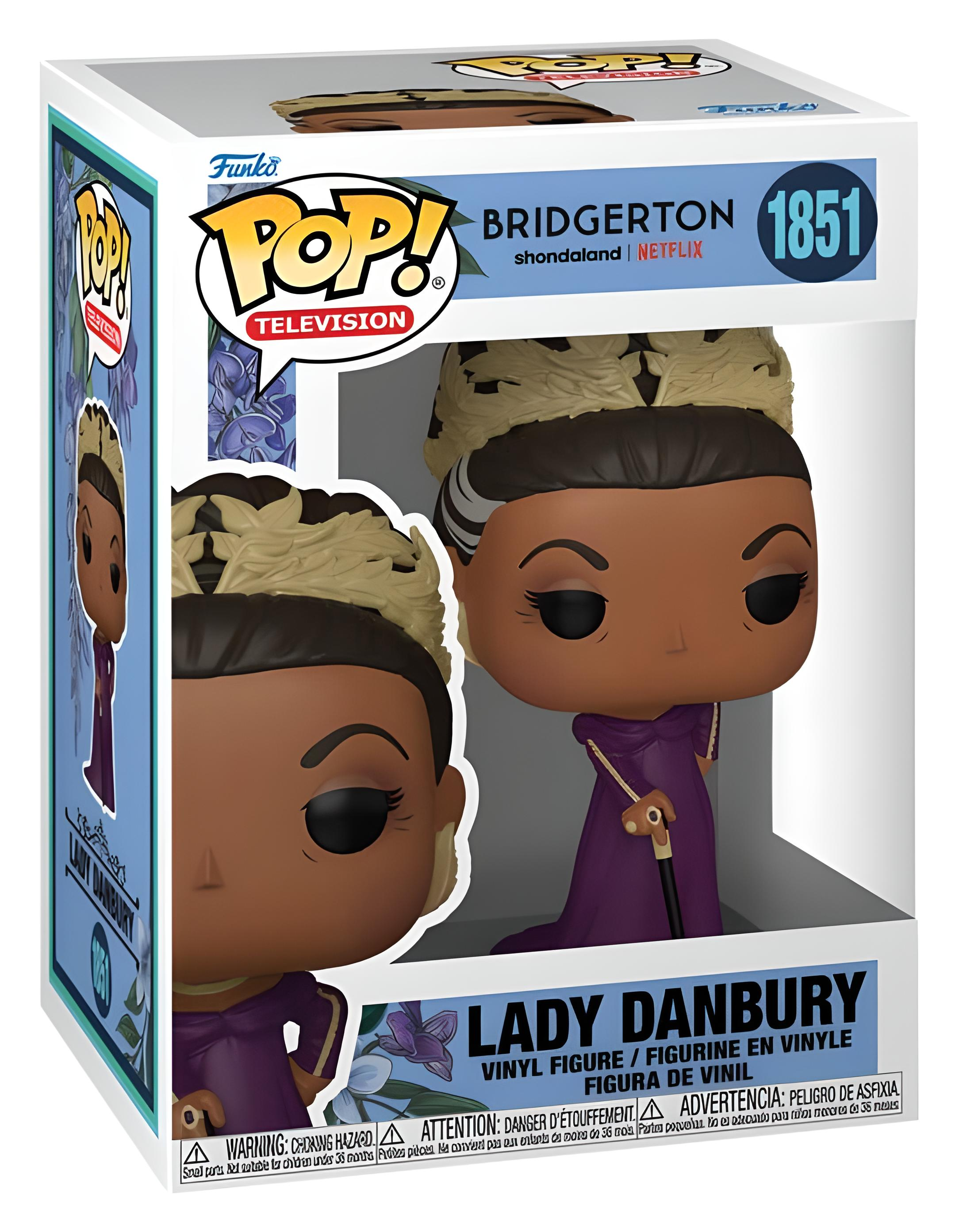 Figura de vinilo Funko Pop de Lady Danbury de Bridgerton con vestido morado y corona blanca.