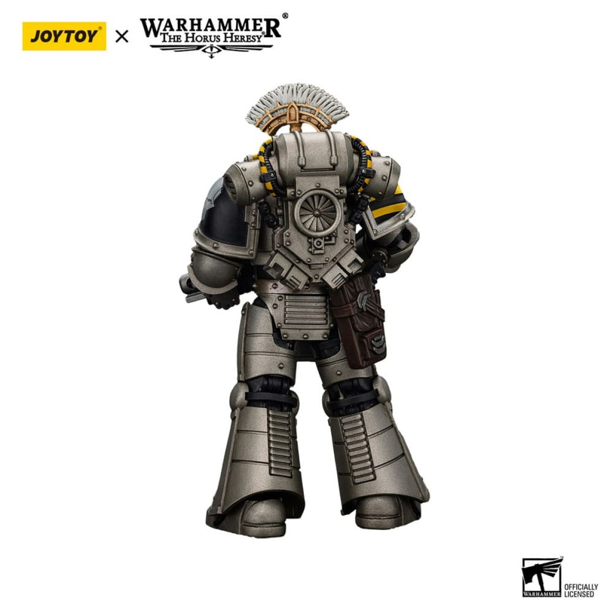 Rückansicht einer grauen Warhammer-Figur mit Jetpack und weißem Kammhelm.
