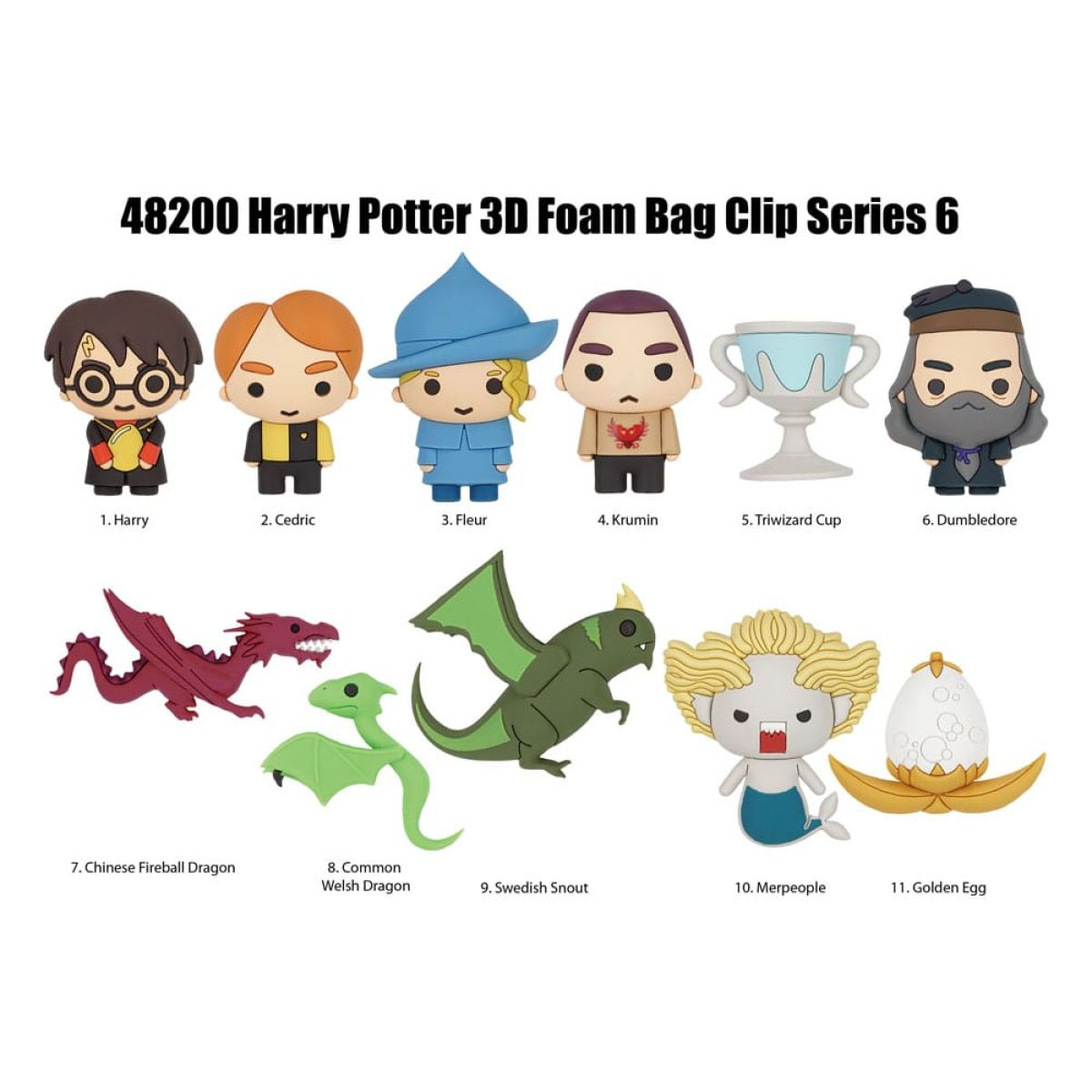 Colección de clips de espuma 3D de Harry Potter con once figuras numeradas de personajes y criaturas sobre fondo blanco.