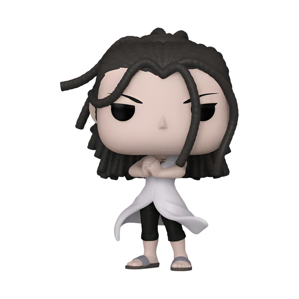 Une figurine Funko Pop avec de longs cheveux noirs, un manteau blanc, un pantalon noir et des sandales grises.