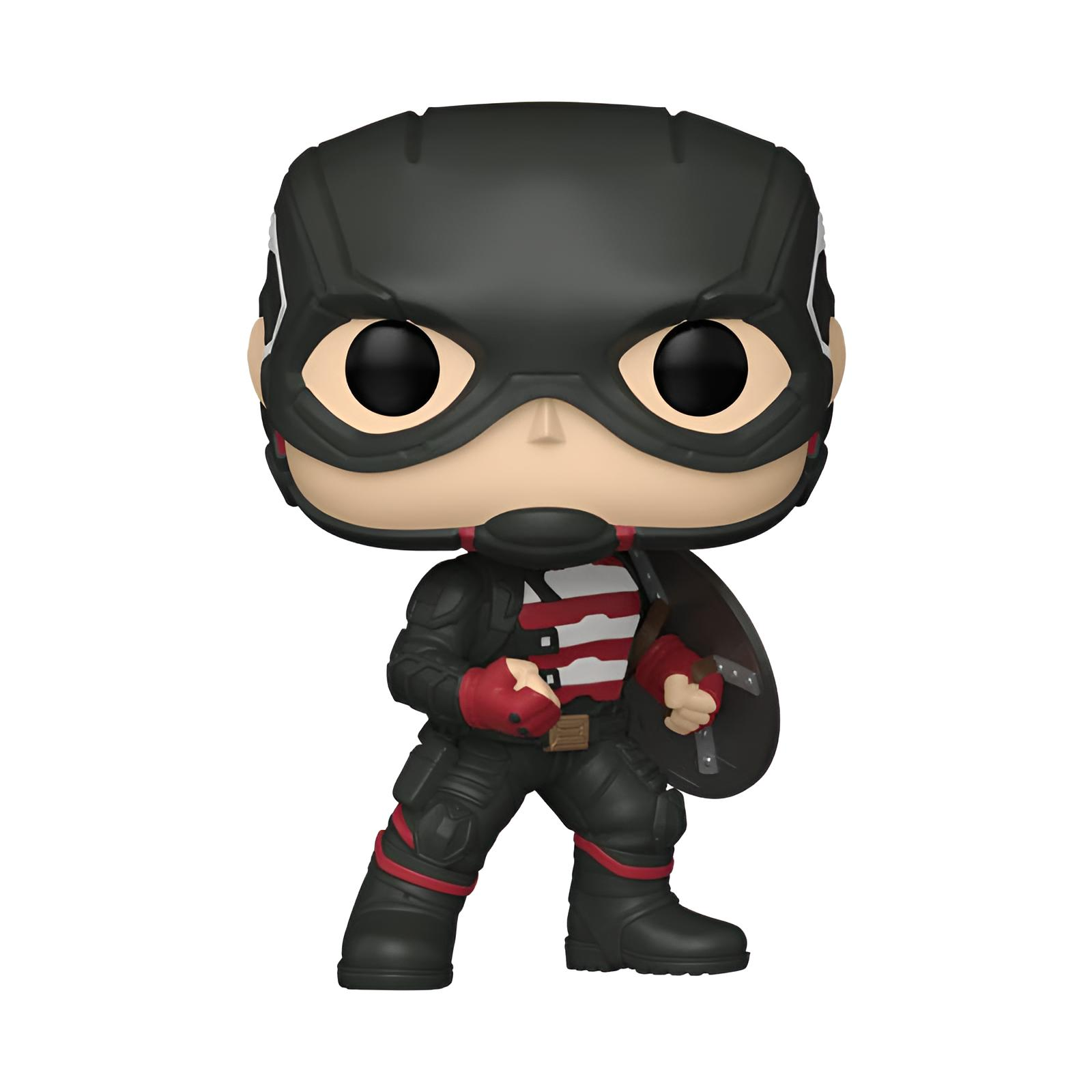 Figura Funko Pop de US Agent con traje negro con rayas rojas y un escudo.