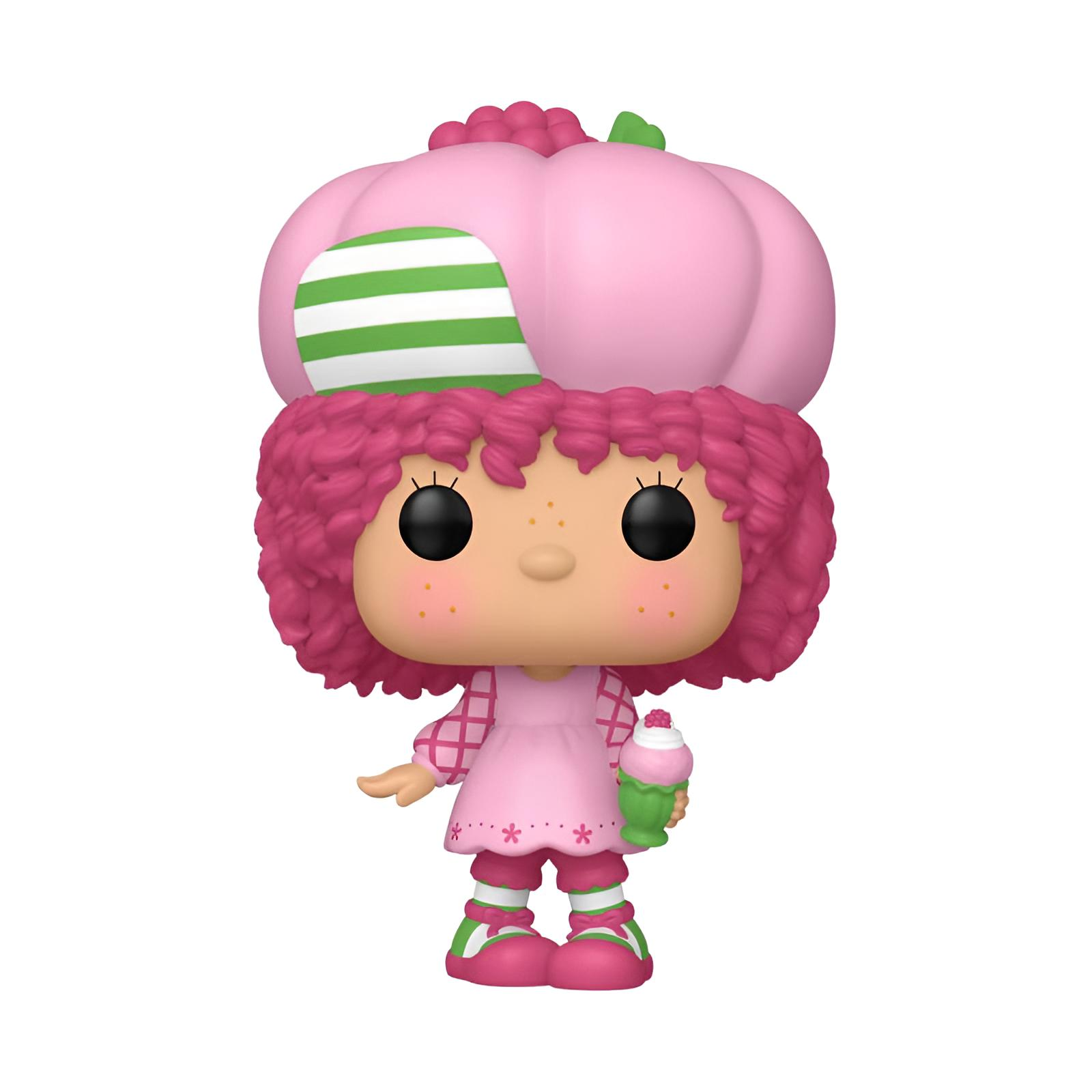 Figura de vinilo con cabello rosa, sombrero gigante, vestido rosa y copa de helado.