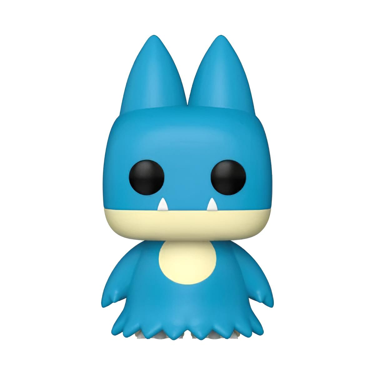 Figura azul estilo chibi con grandes ojos negros, dos orejas puntiagudas y vientre amarillo sobre fondo blanco.