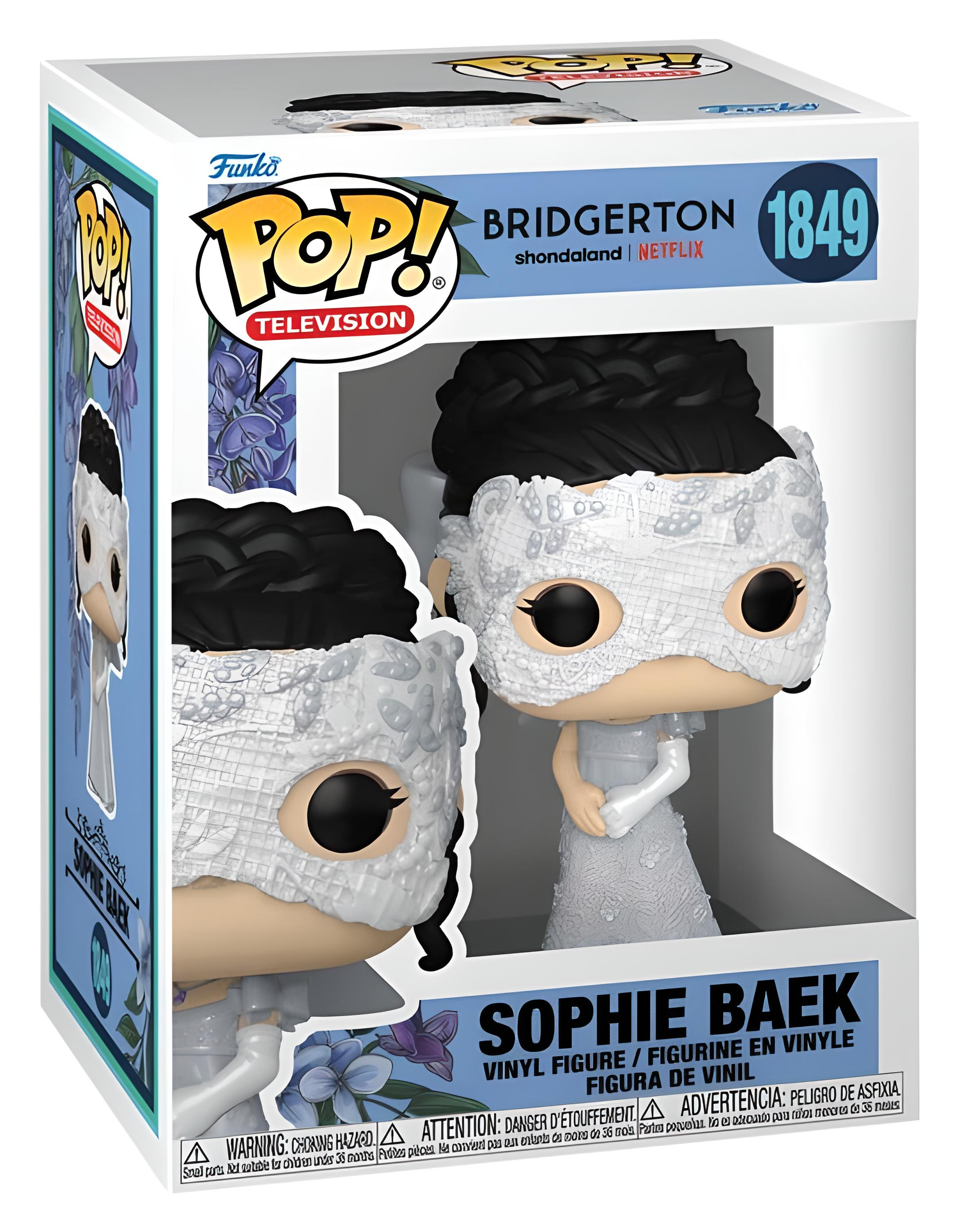 Funko Pop Vinylfigur von Sophie Baek aus Bridgerton mit weißer Spitzenmaske und Kleid in der Schachtel.