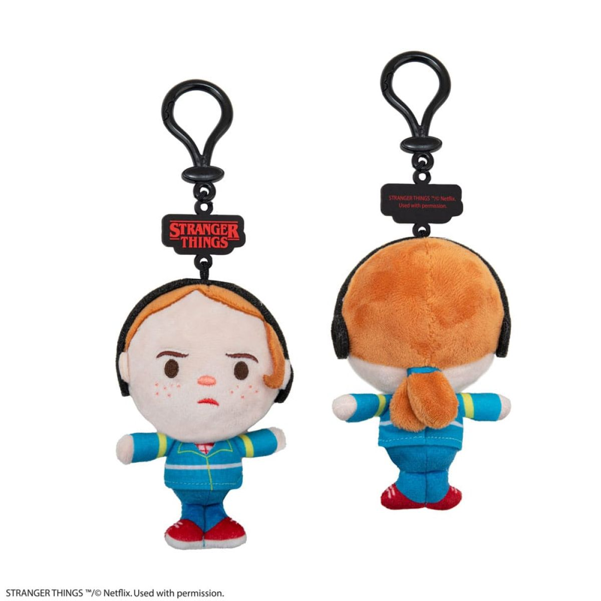 Dos vistas de un llavero de peluche de Max Mayfield de Stranger Things con chaqueta azul y auriculares.
