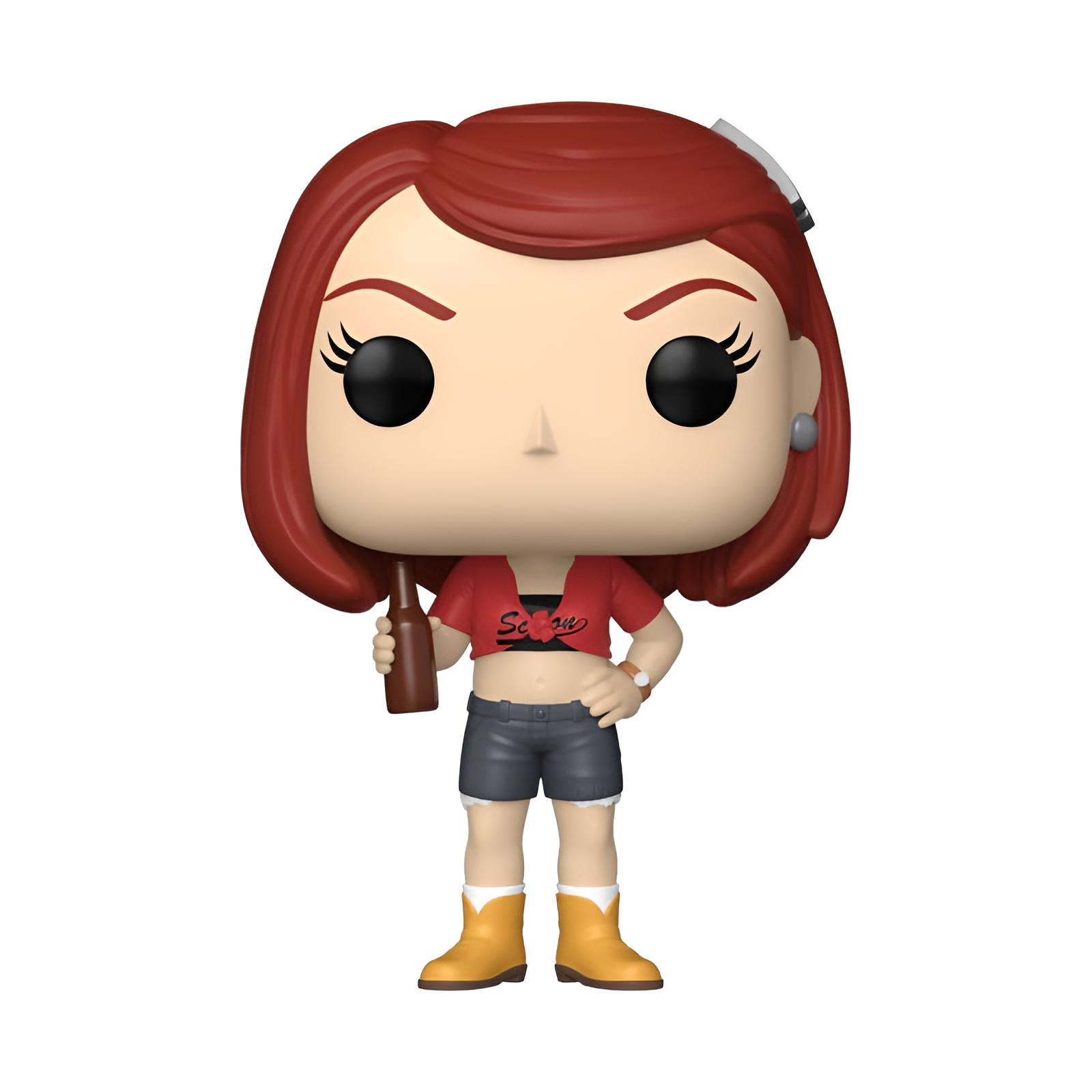 Una figura Funko Pop con cabello rojo, top rojo, pantalones cortos azules y botas amarillas sosteniendo una botella marrón.