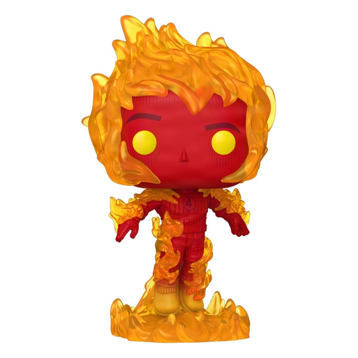 Eine Funko Pop-Figur der Human Torch mit flammendem Haar, rotem Anzug, gelben Augen und auf einer Flammenbasis stehend.
