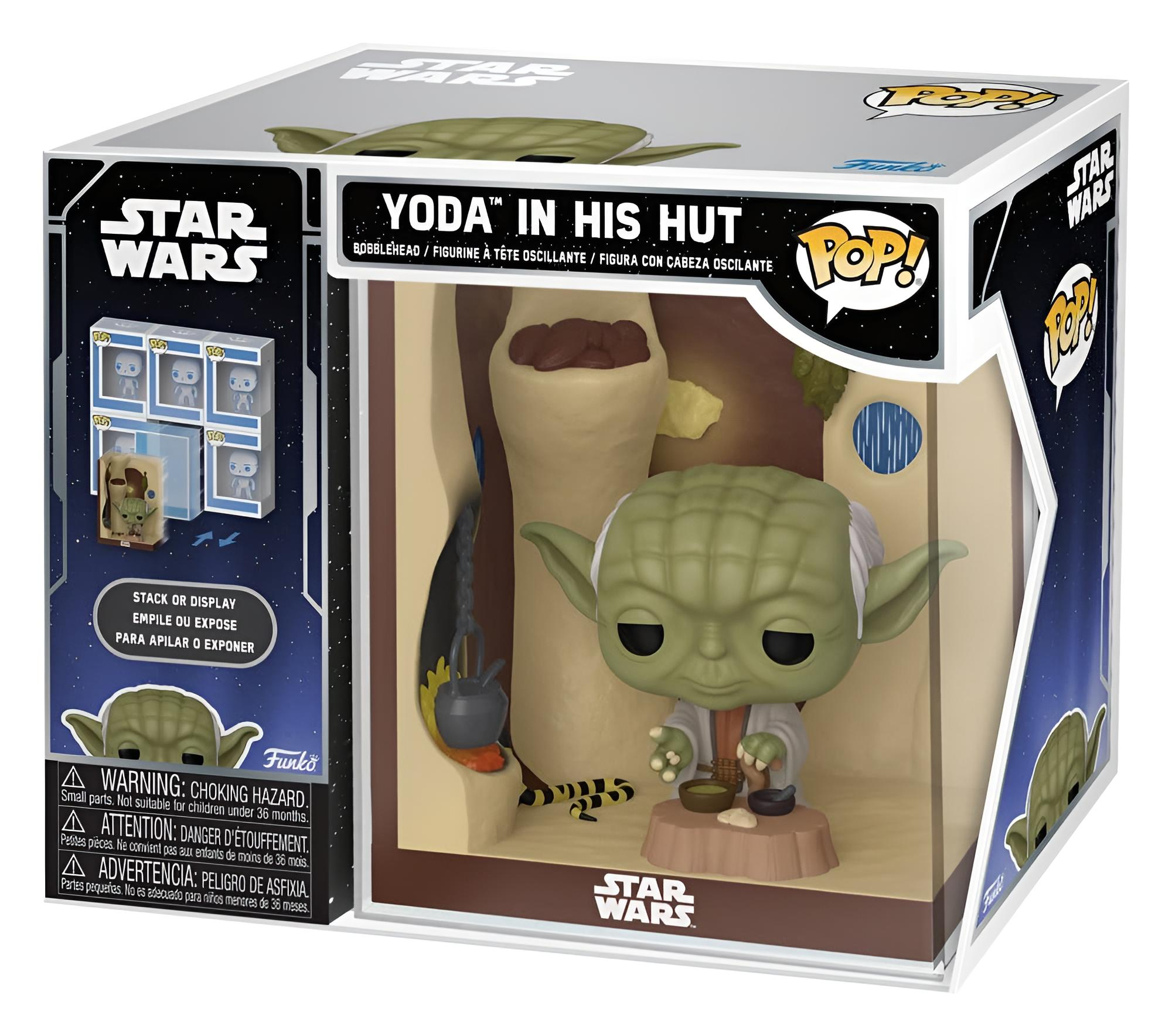 Star Wars Funko Pop Figur von Yoda in seiner Hütte mit Zubehör in einer Sammlerbox.