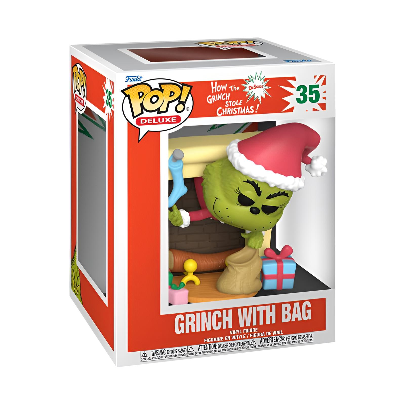 Figura de vinilo Funko Pop Deluxe del Grinch sosteniendo un calcetín azul y una bolsa cerca de regalos.