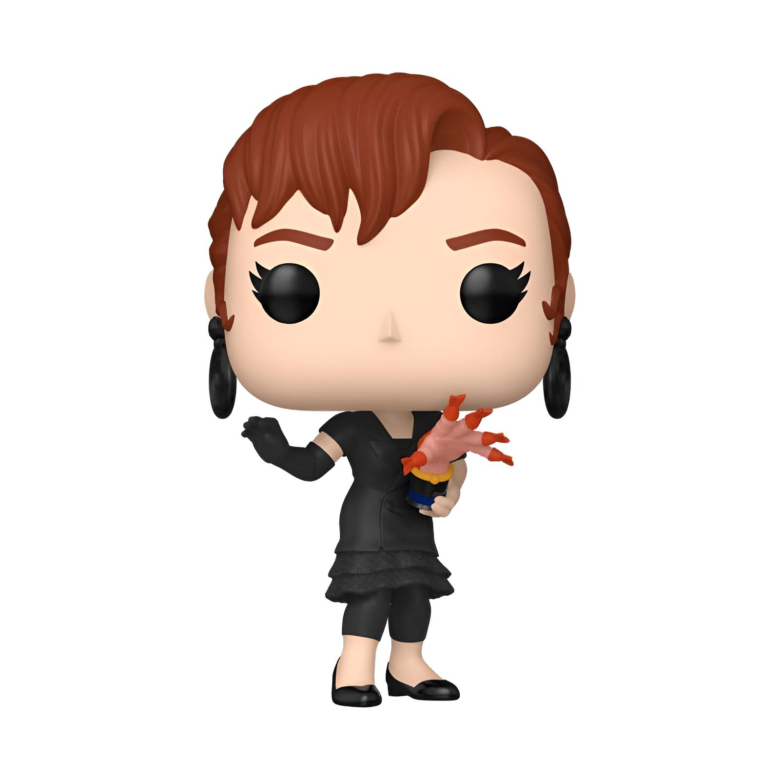 Una figura de vinilo de Delia Deetz con cabello castaño rojizo, vestido negro y sosteniendo una escultura de mano.