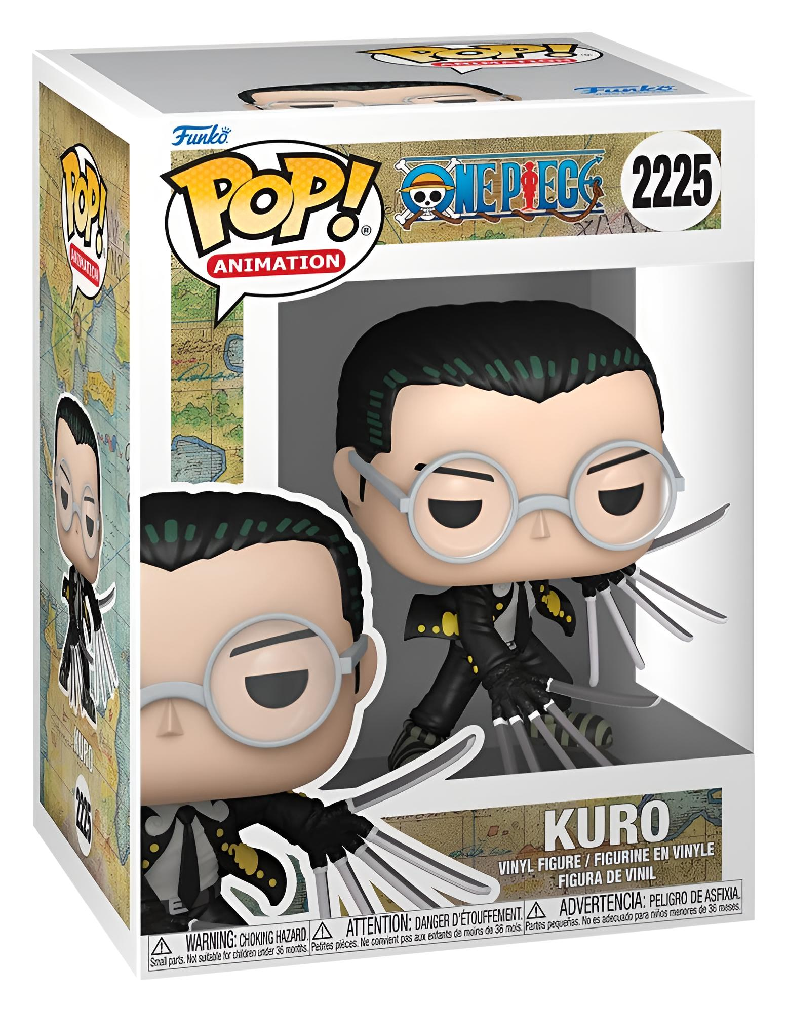 Figura de vinilo Funko Pop de Kuro de One Piece en caja, con cuchillas en los dedos y gafas redondas.