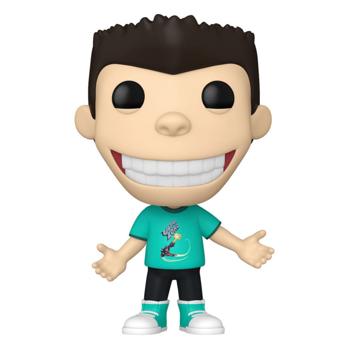 Una figura de vinilo coleccionable con cabeza grande, amplia sonrisa, cabello oscuro y camiseta verde azulado.