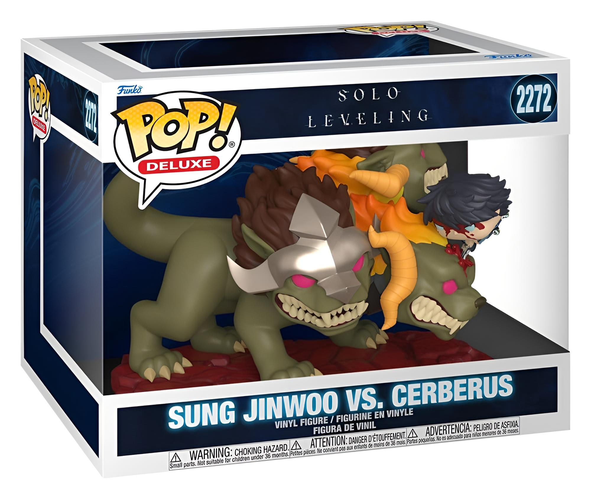Figura Funko Pop Deluxe de Sung Jinwoo luchando contra el Cerberus de tres cabezas en caja.