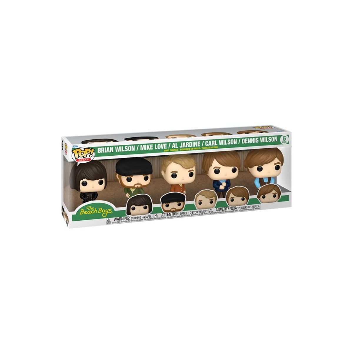 Una caja de 5 figuras Funko Pop de los miembros de la banda The Beach Boys con fondo.