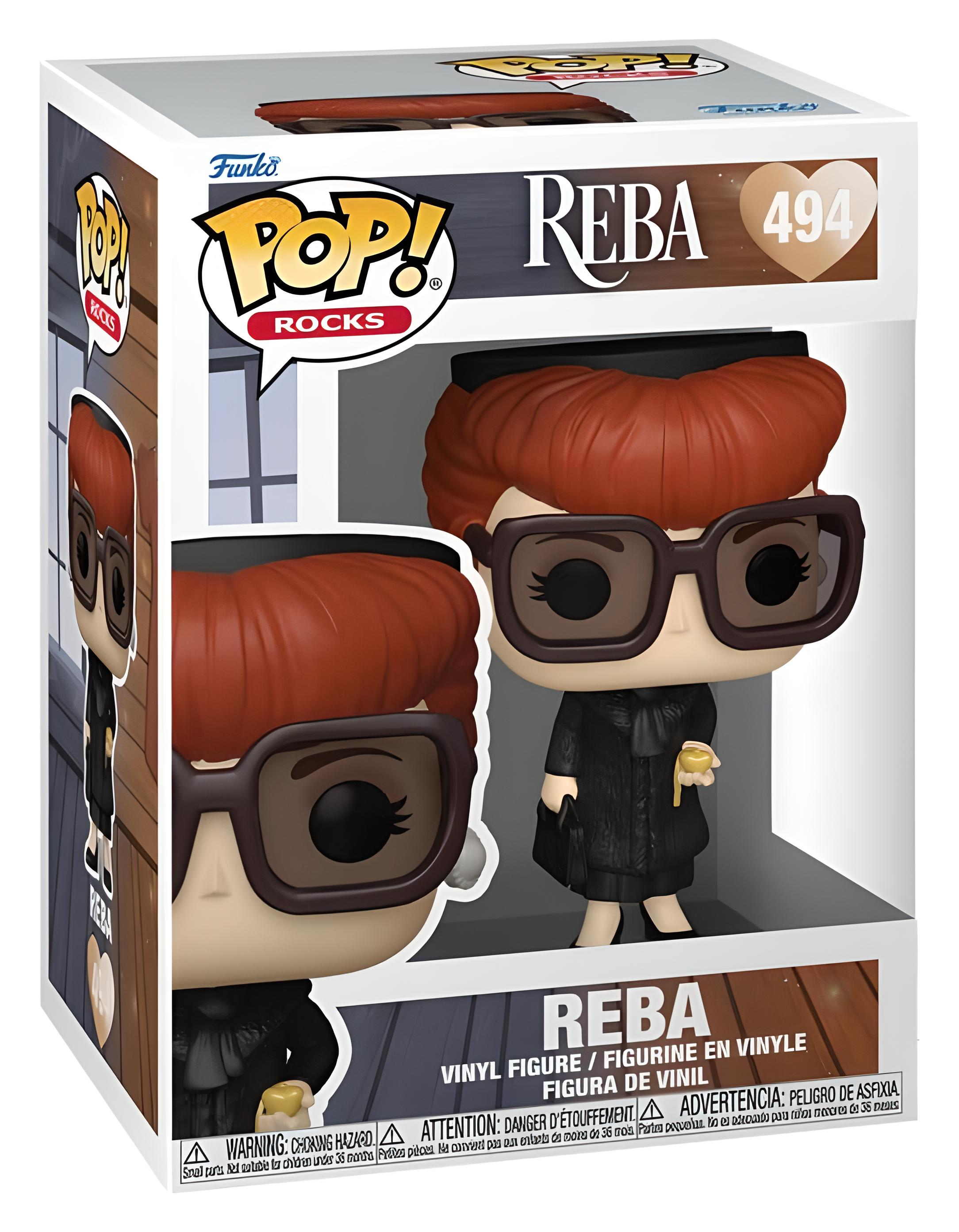 Funko Pop Reba Rocks Vinylfigur in Verpackung mit roten Haaren und großer Brille.