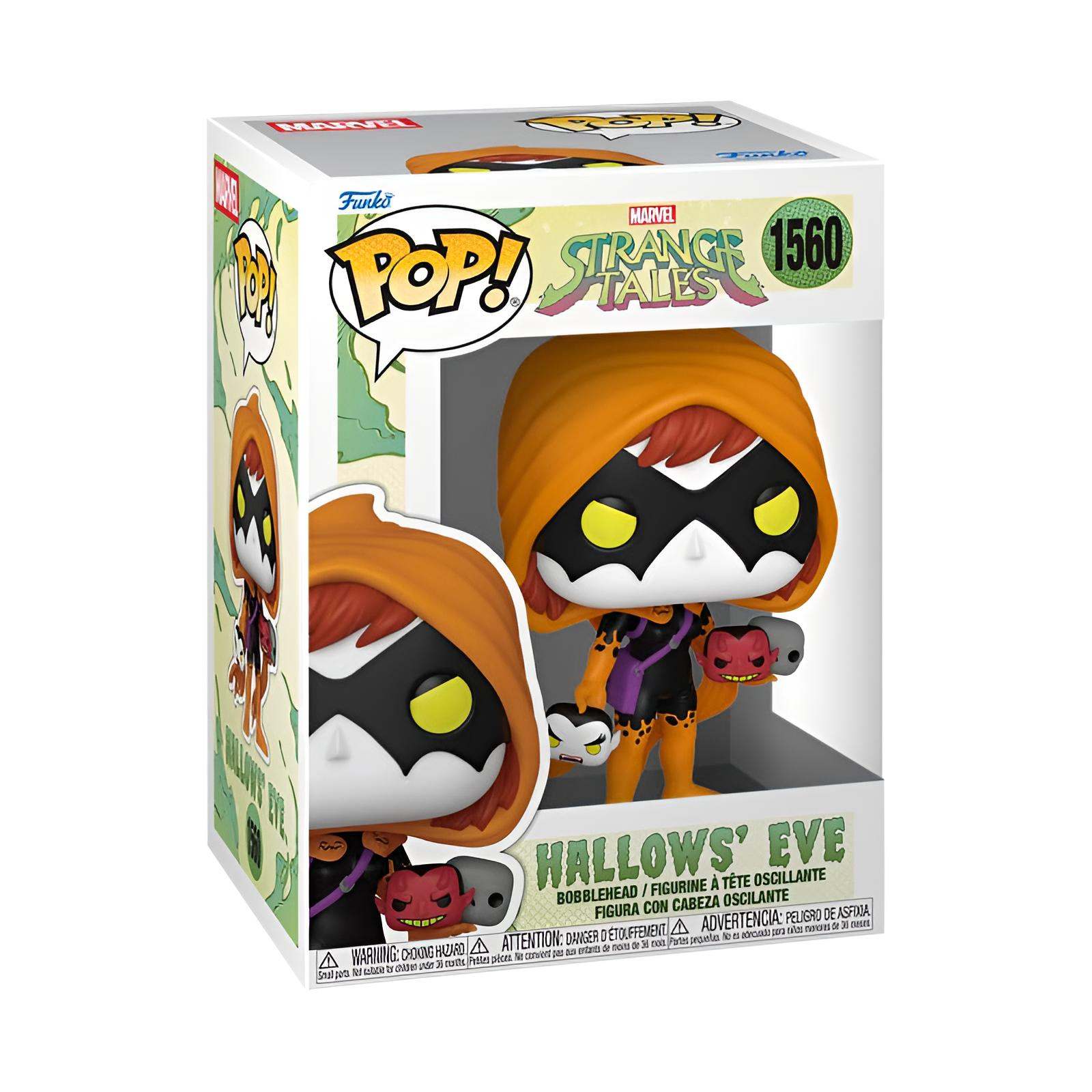 Figura Funko Pop de Hallows Eve de Marvel Strange Tales en caja, con capucha naranja y máscaras.
