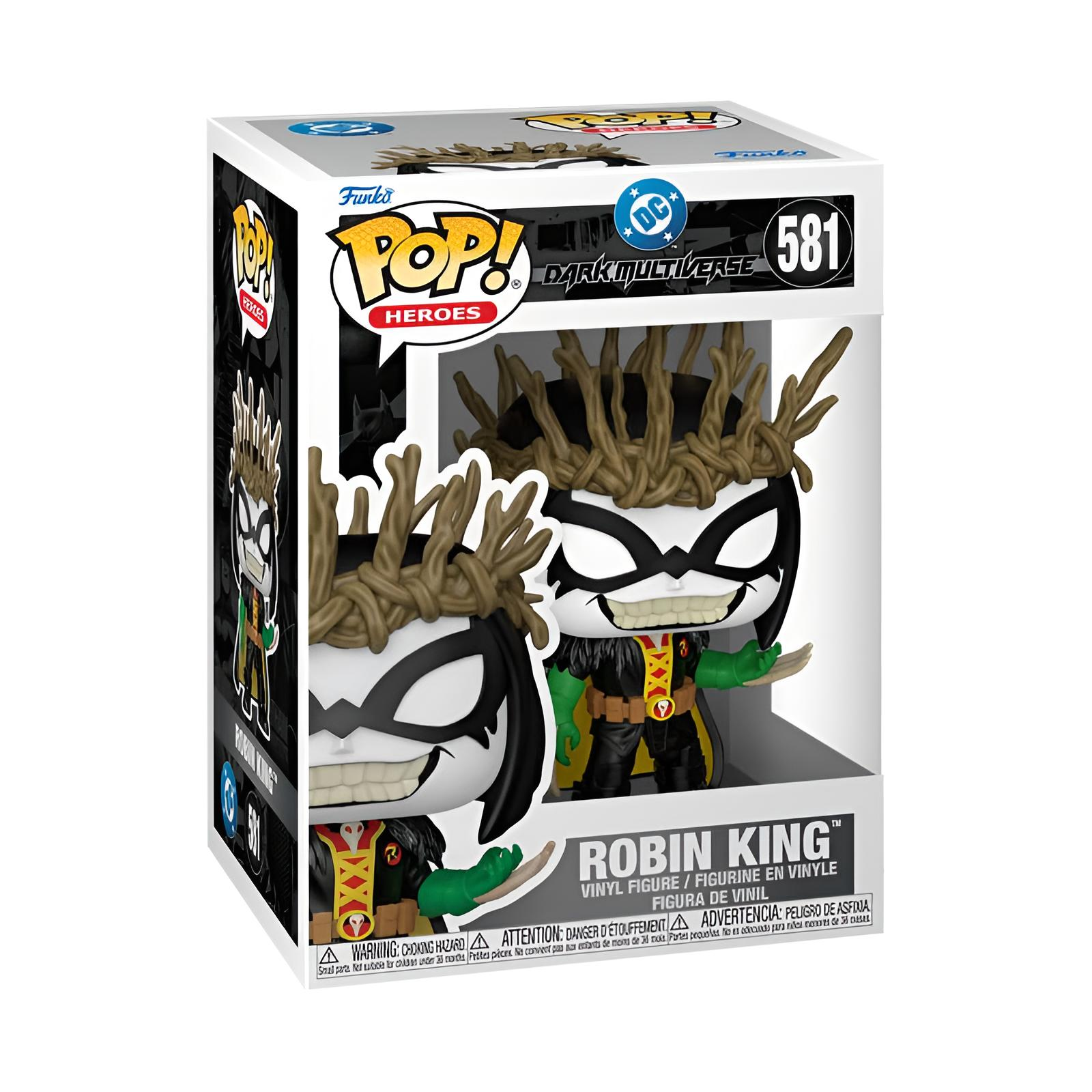 Figura de vinilo Funko Pop de Robin King de DC Dark Multiverse, número 581, en su caja.