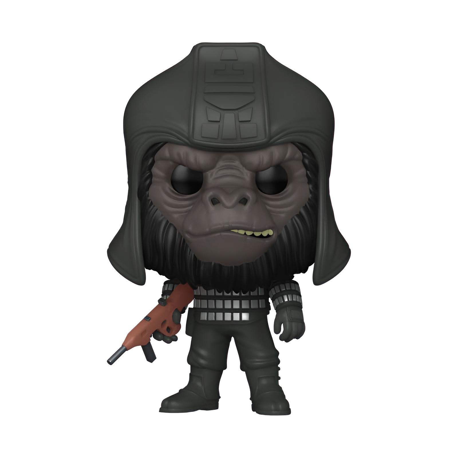 Una figura Funko Pop de un gorila armado con armadura y casco.