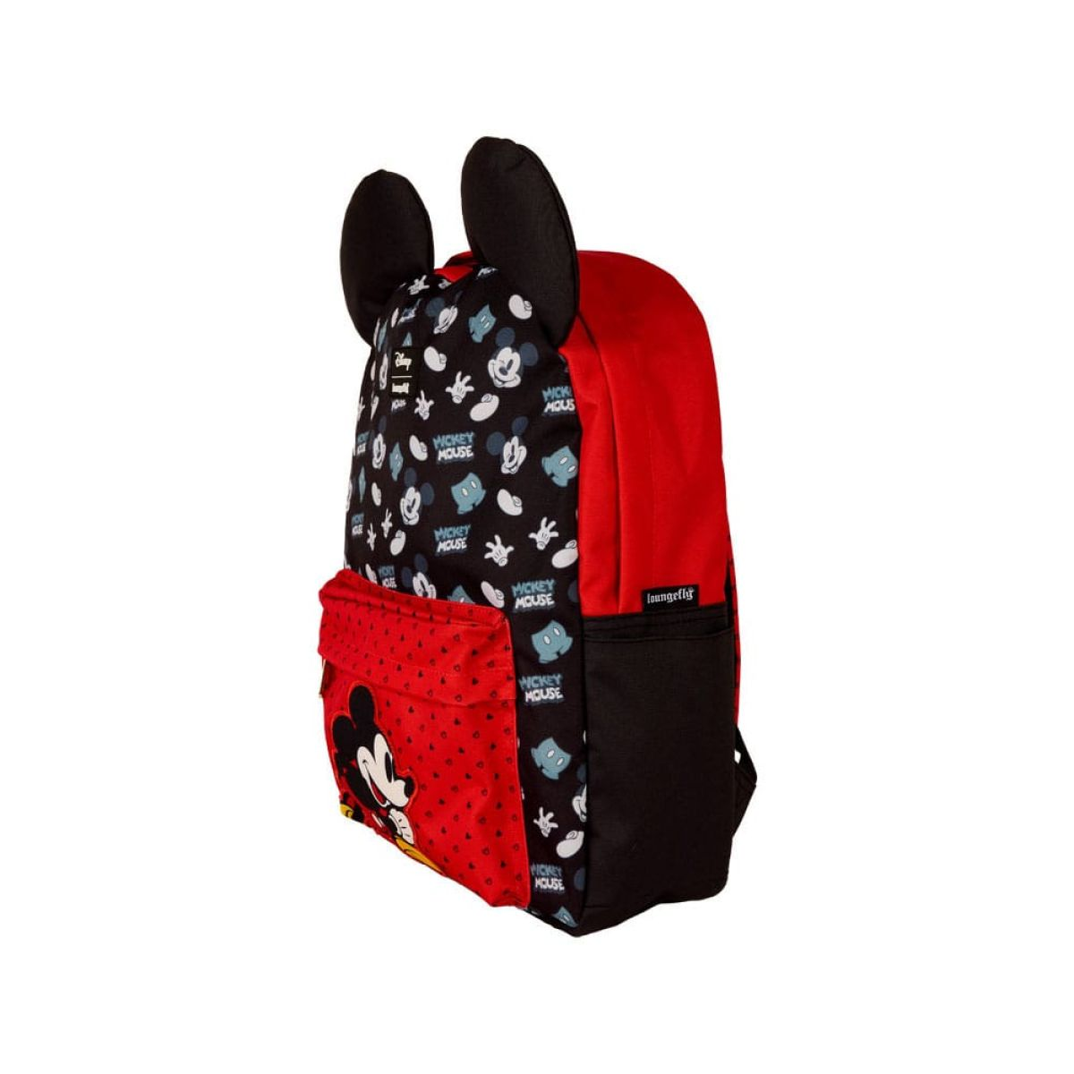 Mochila de Mickey Mouse roja y negra con orejas de Mickey arriba y estampado gráfico.