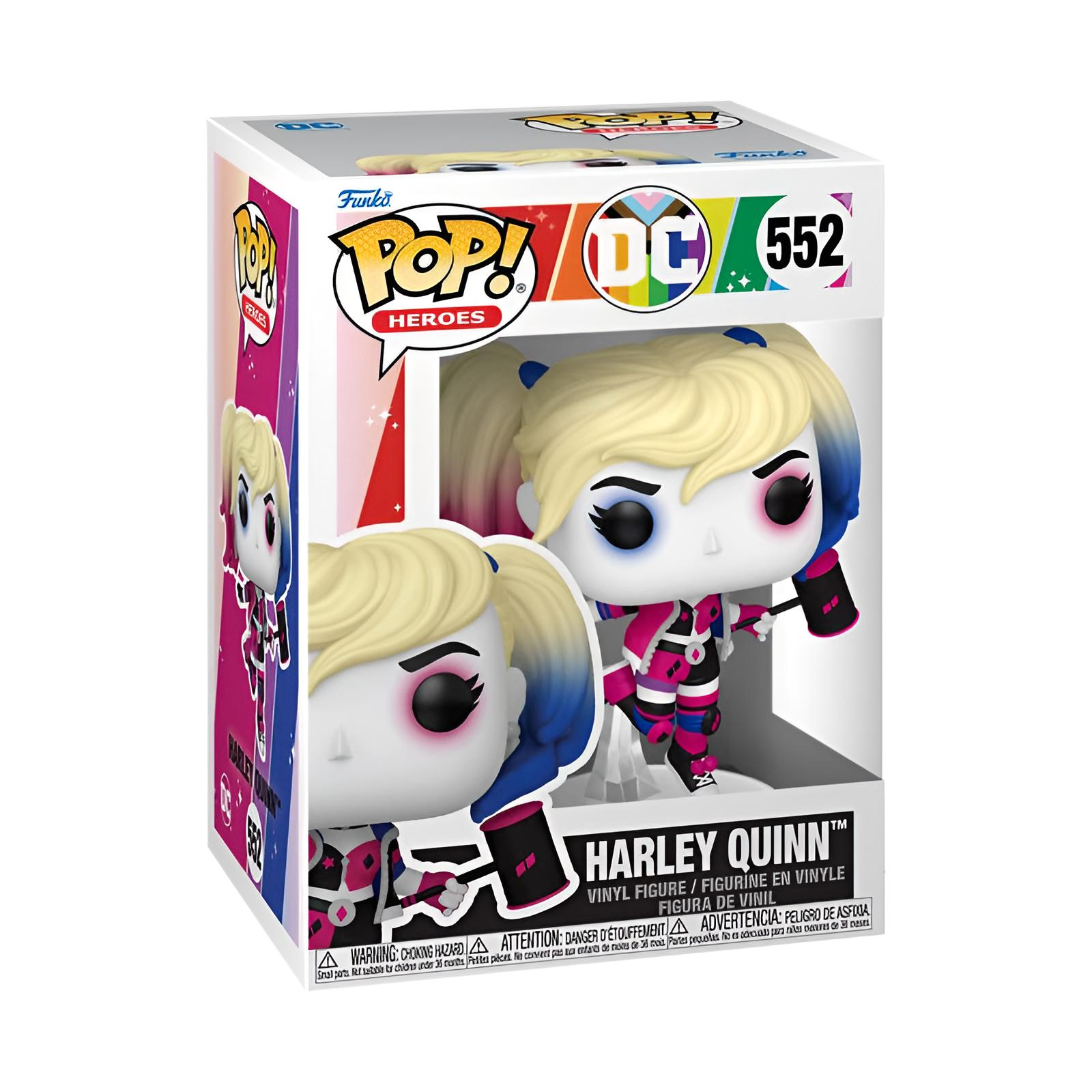 Figura de vinilo Funko Pop DC Heroes Harley Quinn dentro de su caja numerada con un martillo.