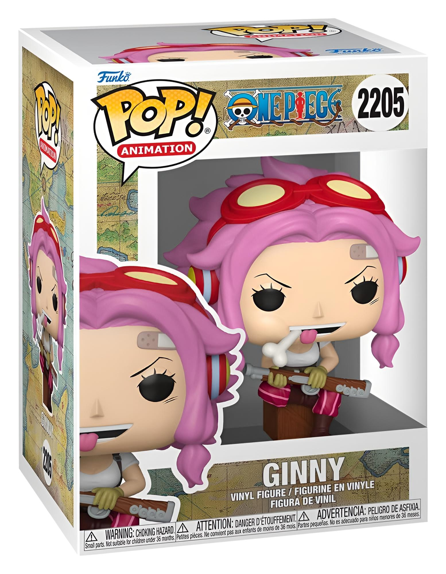 Funko Pop Figur von Ginny aus One Piece mit rosa Haaren und Brille.