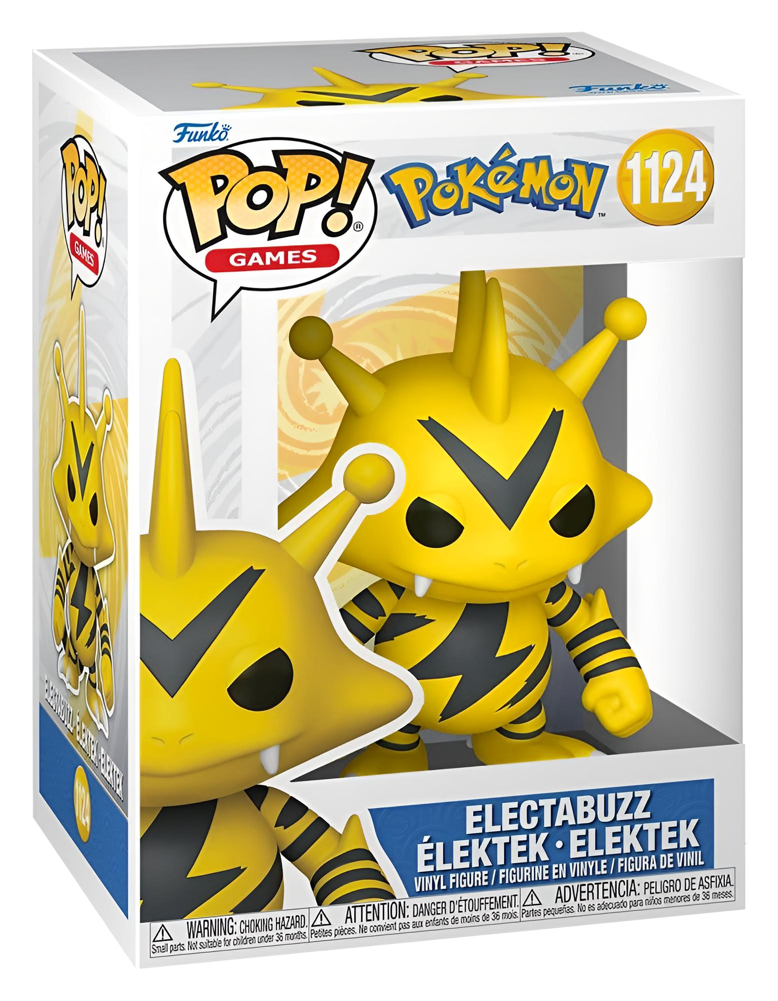 Eine gelbe Funko Pop Electabuzz Pokémon-Vinylfigur in einer ungeöffneten Sammlerbox.