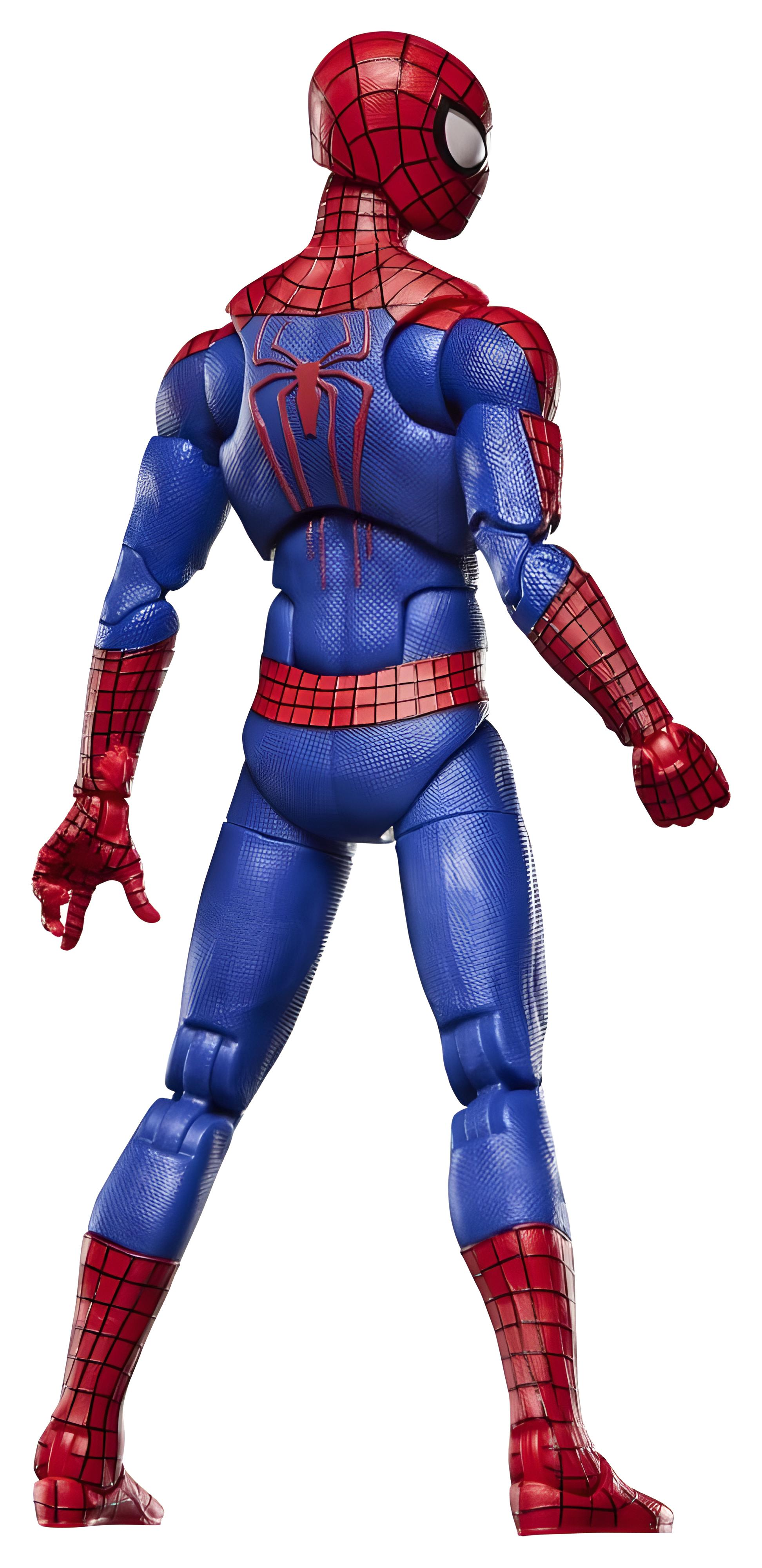 Vista trasera de una figura de acción de Spider-Man en traje azul y rojo.