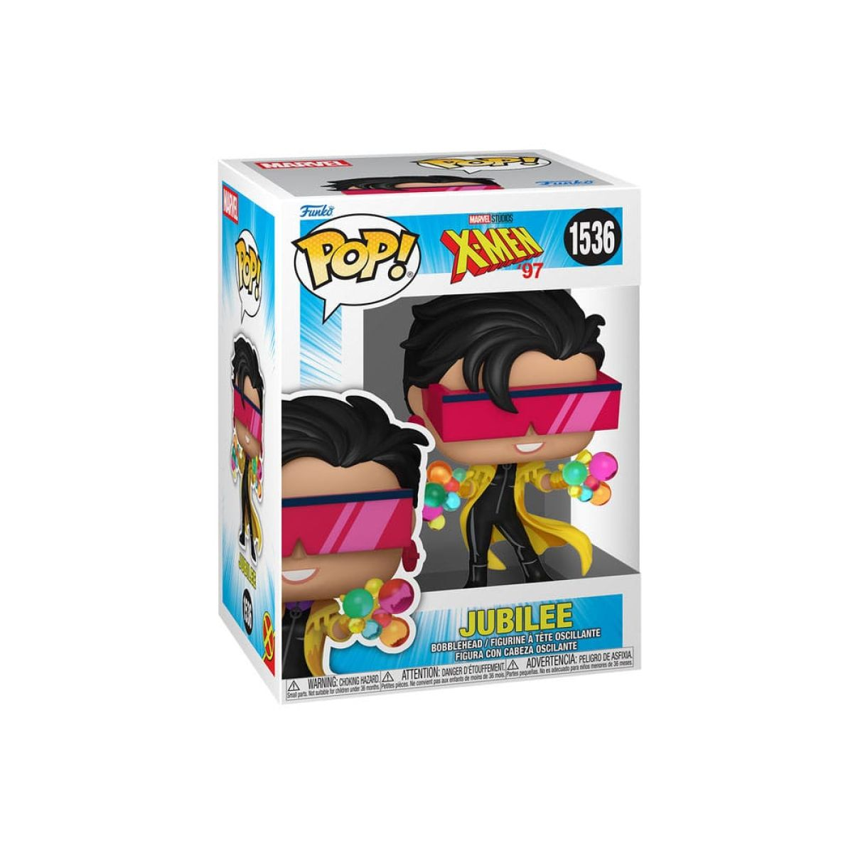 Eine Funko Pop Jubilee Vinylfigur aus X-Men '97 in der Sammlerbox, mit rosa Brille und gelbem Mantel.