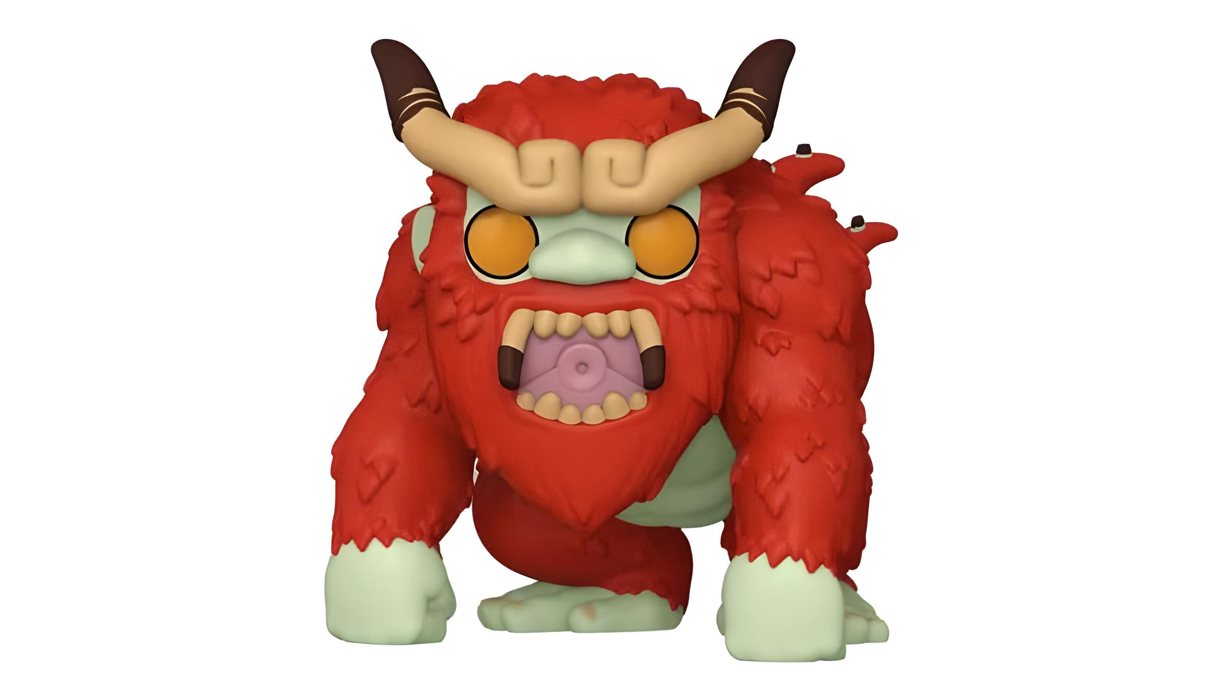 Figura de monstruo rojo con grandes cuernos y boca abierta.