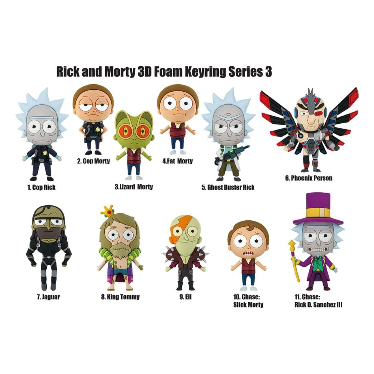 Llaveros de espuma 3D Rick y Morty Serie 3 mostrados con números y nombres.
