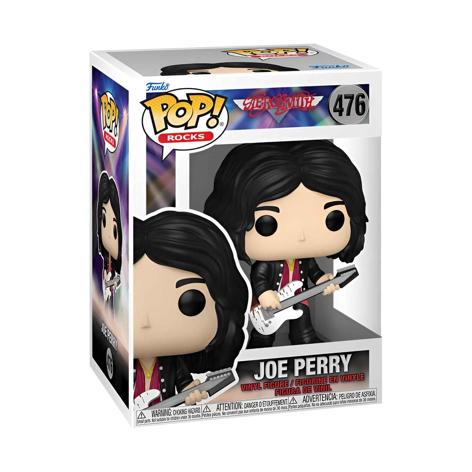 Figura de vinilo Funko Pop de Joe Perry en su caja original con guitarra eléctrica.
