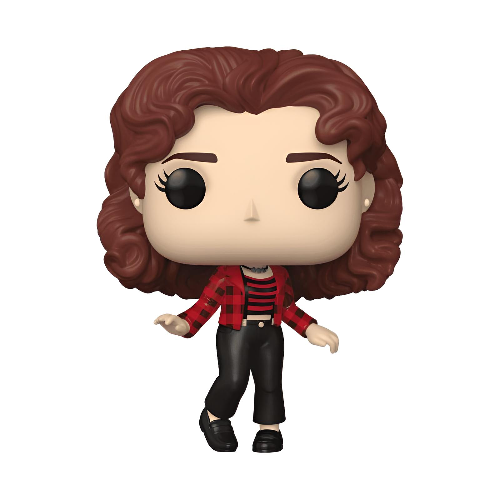Figura de vinilo de una mujer con cabello rizado castaño, camisa de franela roja y negra, y pantalón negro.