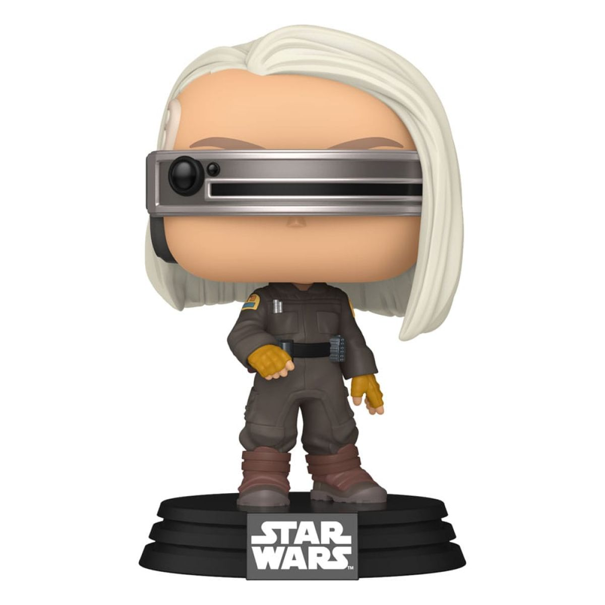Una figura Funko Pop de Star Wars con cabello blanco, visor plateado, uniforme oscuro y botas sobre base negra.