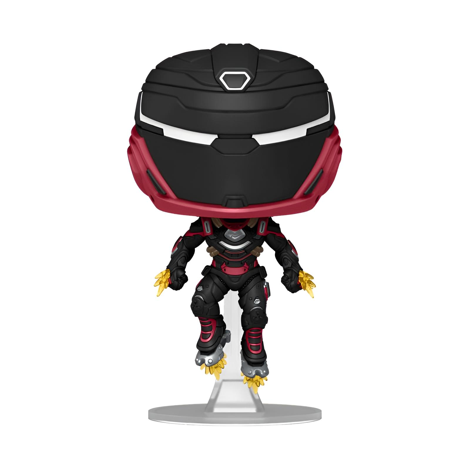 Figura de vinilo de un personaje futurista con armadura negra y roja y un casco grande en soporte transparente.