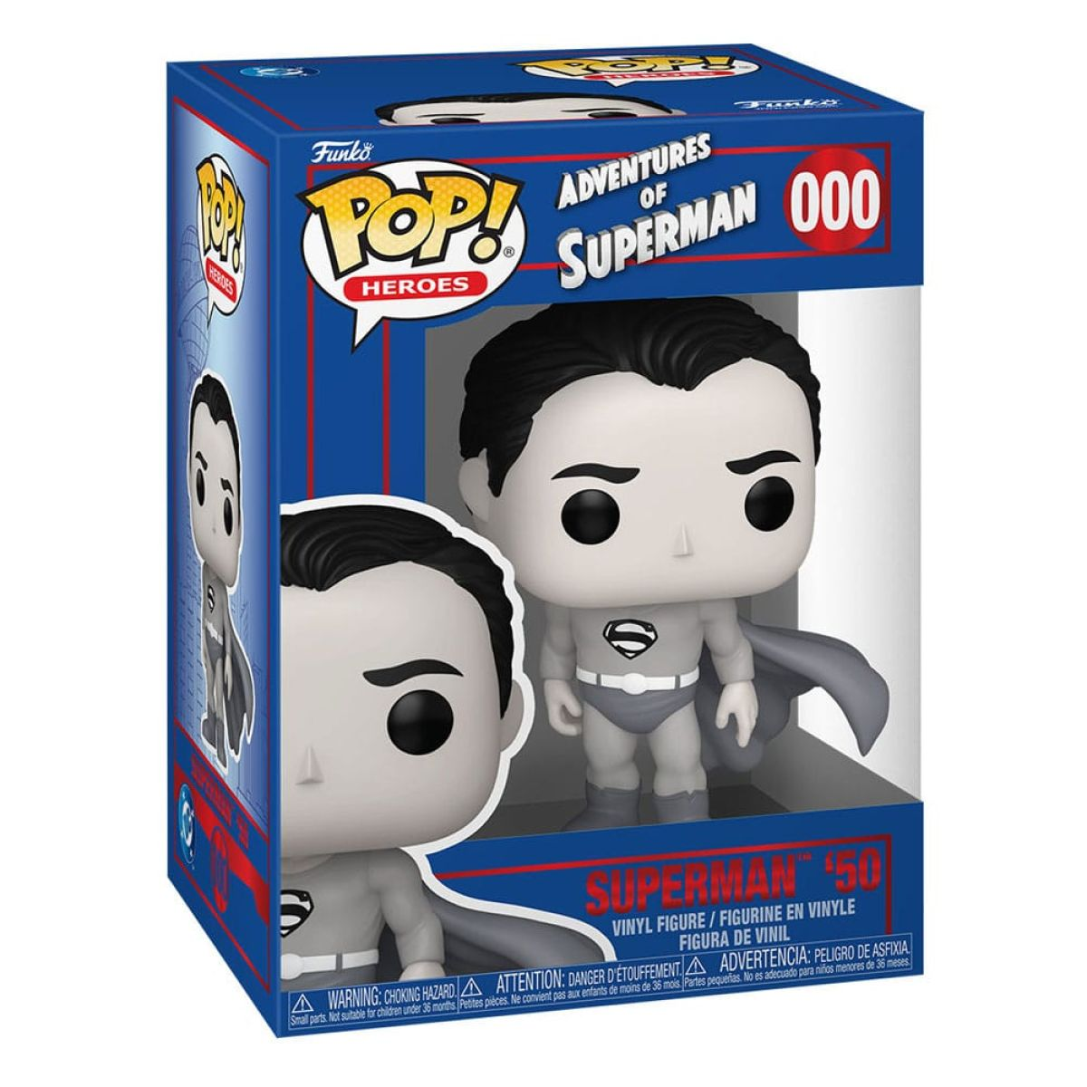 Figura Funko Pop! de Superman en escala de grises dentro de una caja de coleccionista azul y roja.