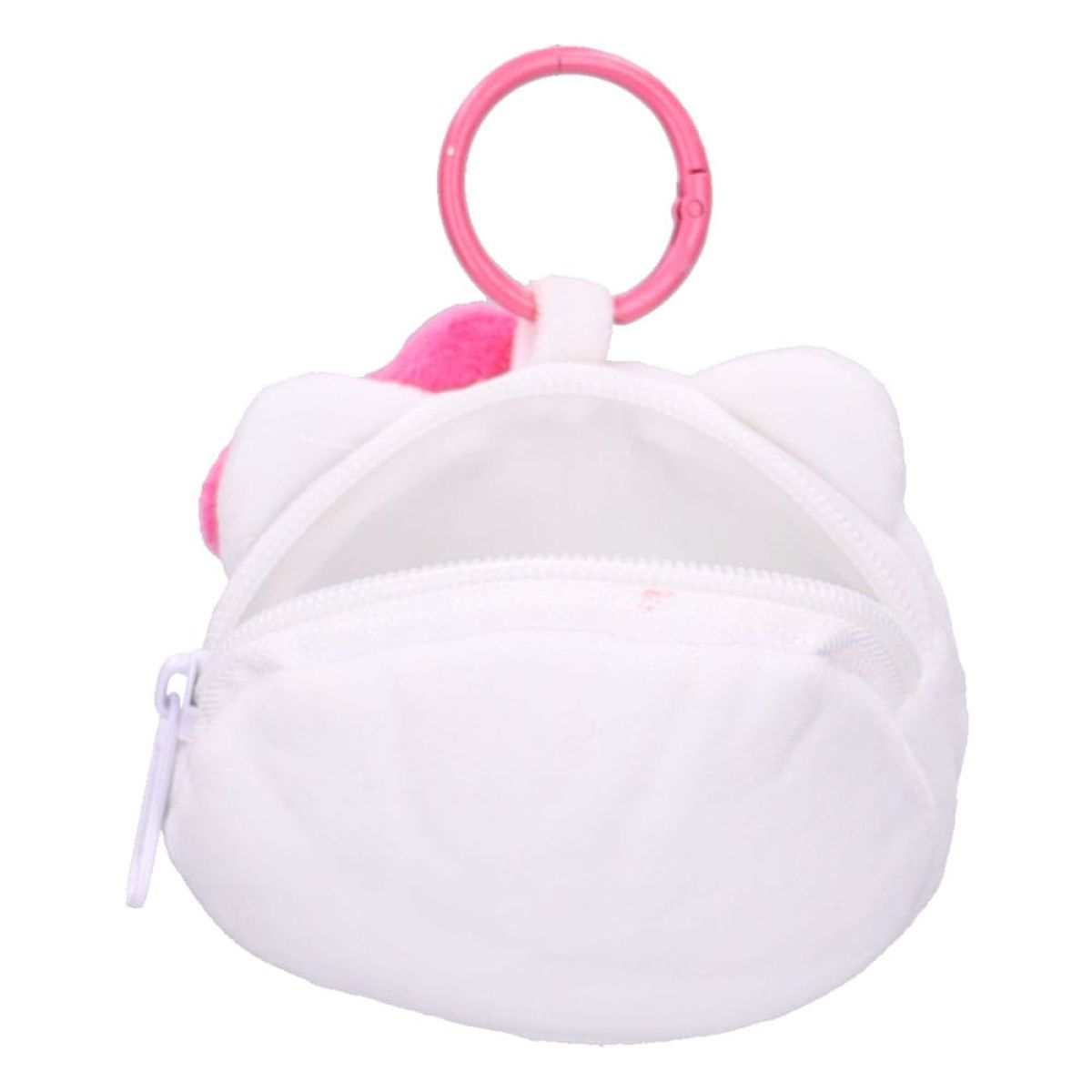 Un monedero de peluche blanco con un colgador de anillo rosa y cremallera.